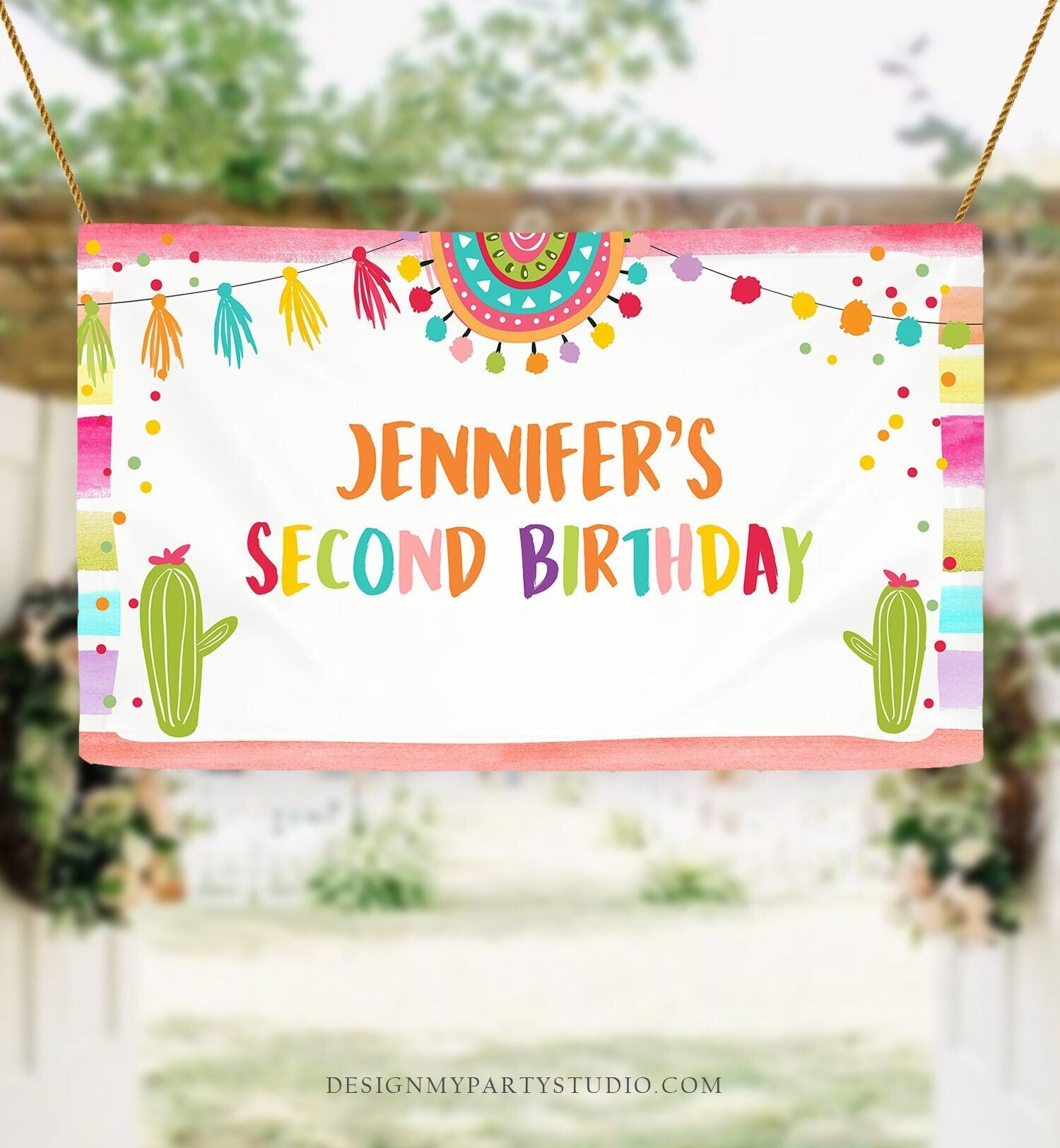 Editable Fiesta Birthday Backdrop Banner Mexican Cactus Succulent Desert Floral Girl Boy Baby Shower Download Corjl Template Printable 0134