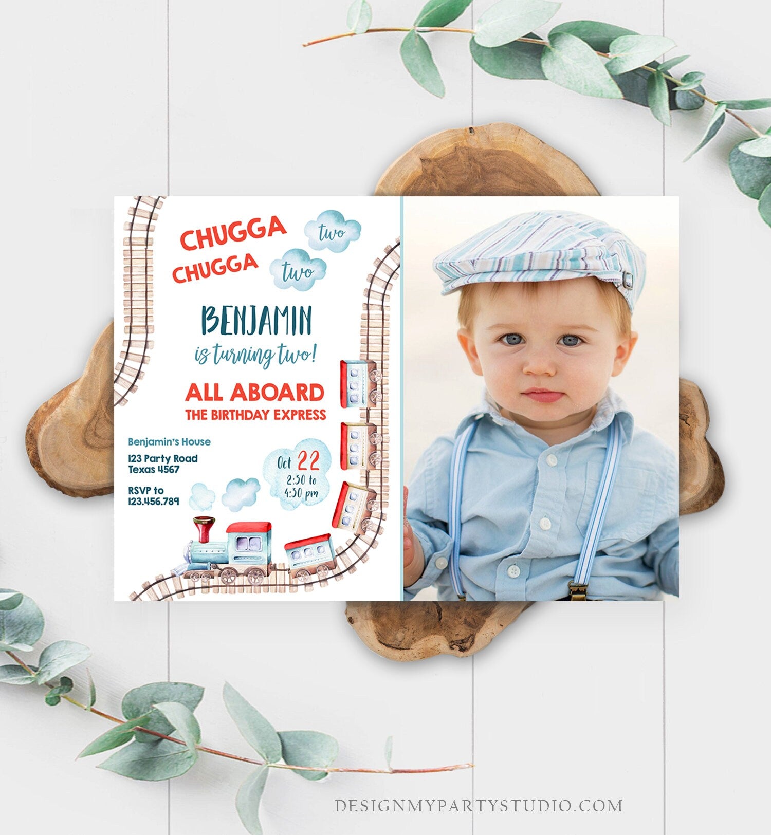 Editable Chugga Chugga Two Two Train Birthday Invitation Vintage Choo Choo Train Party Train Watercolor Template Corjl Printable 0149