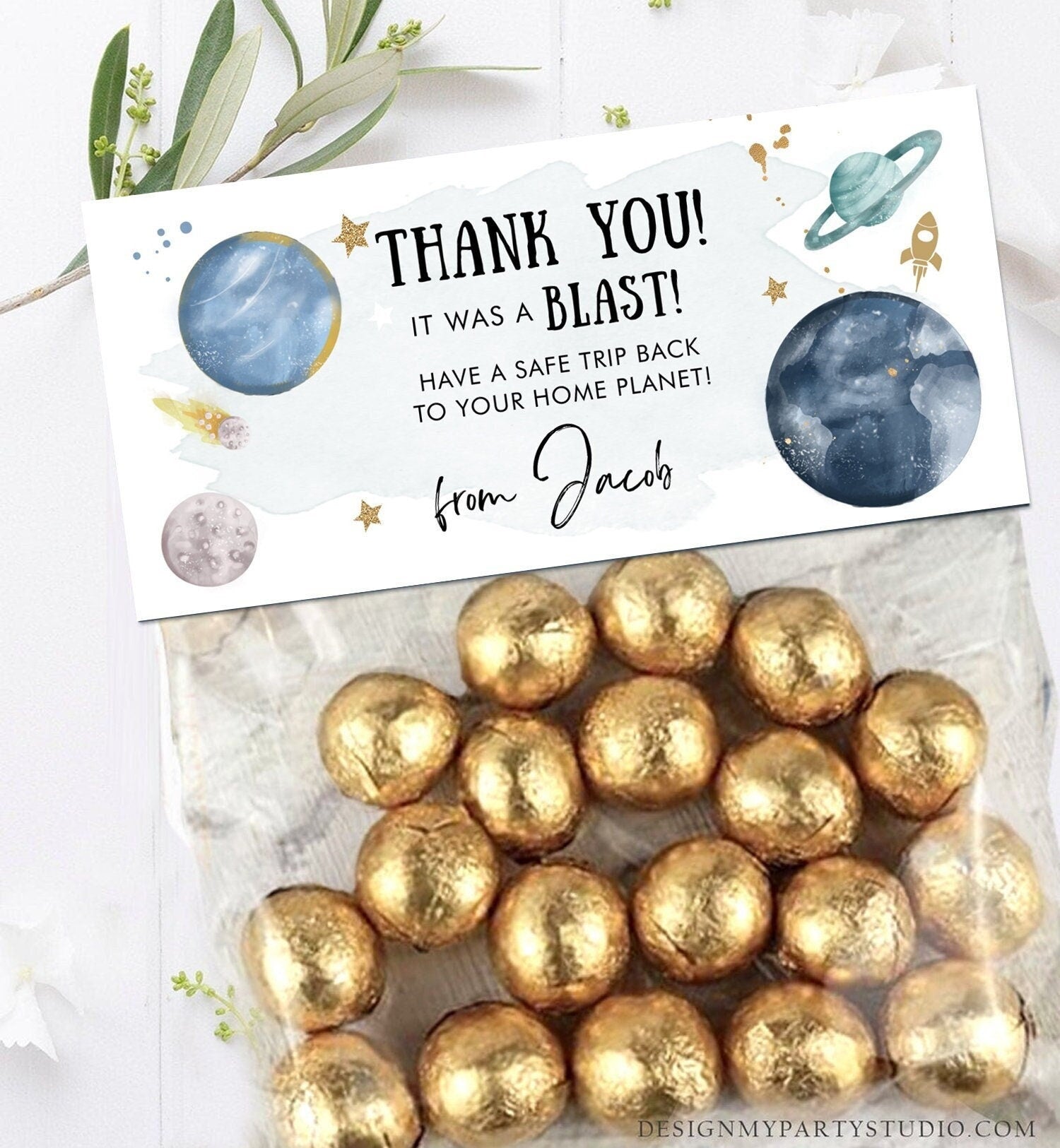 Editable Outer Space Treat Bag Toppers Space Birthday Party Favors Thank You A Blast Galaxy Party Trip Around the Sun Corjl Template 0357