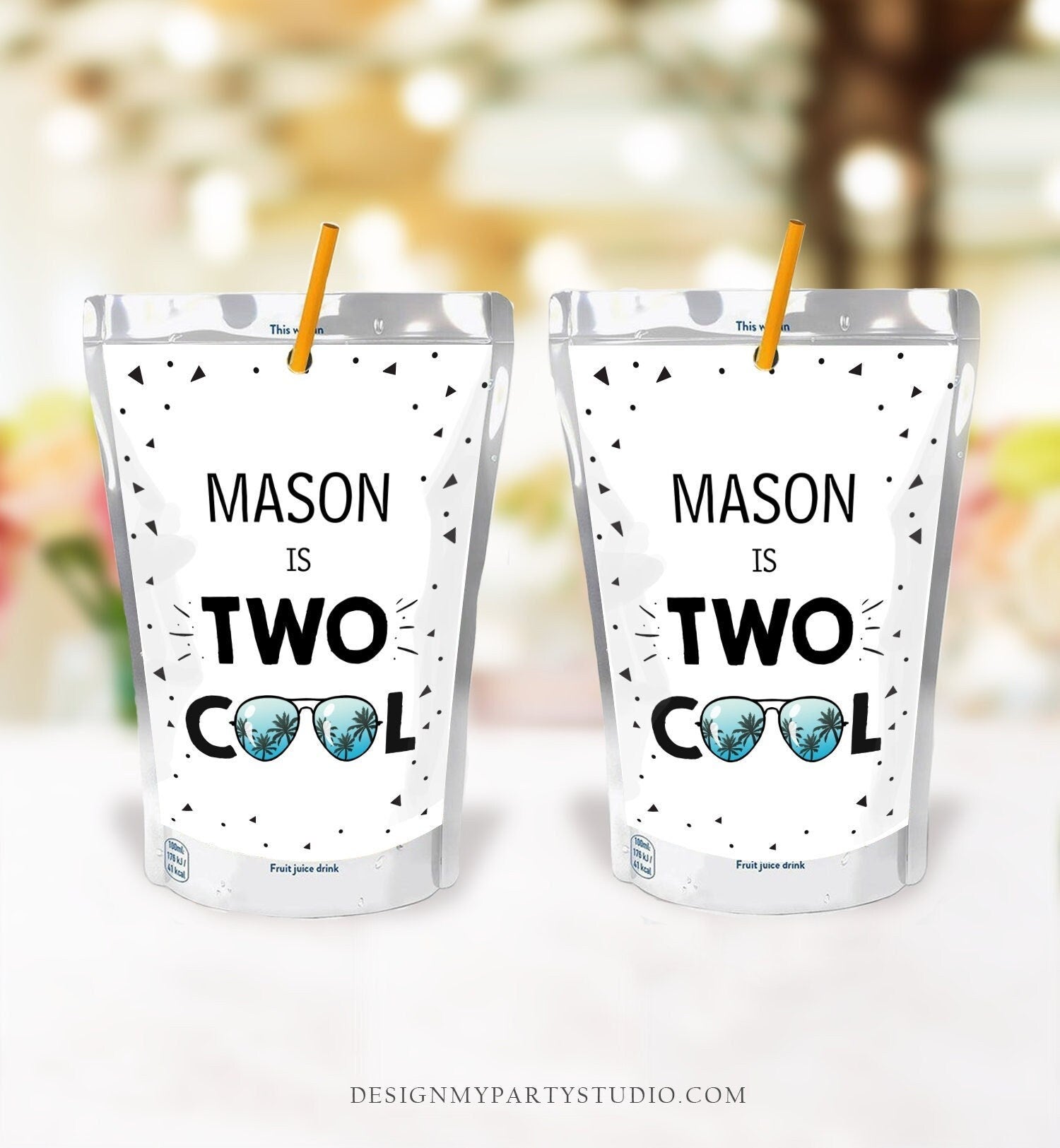 Editable Two Cool Juice Pouch Label Juice Favors Boy Second Birthday 2nd Dude Sunglasses Pack Digital Download Template Printable 0136