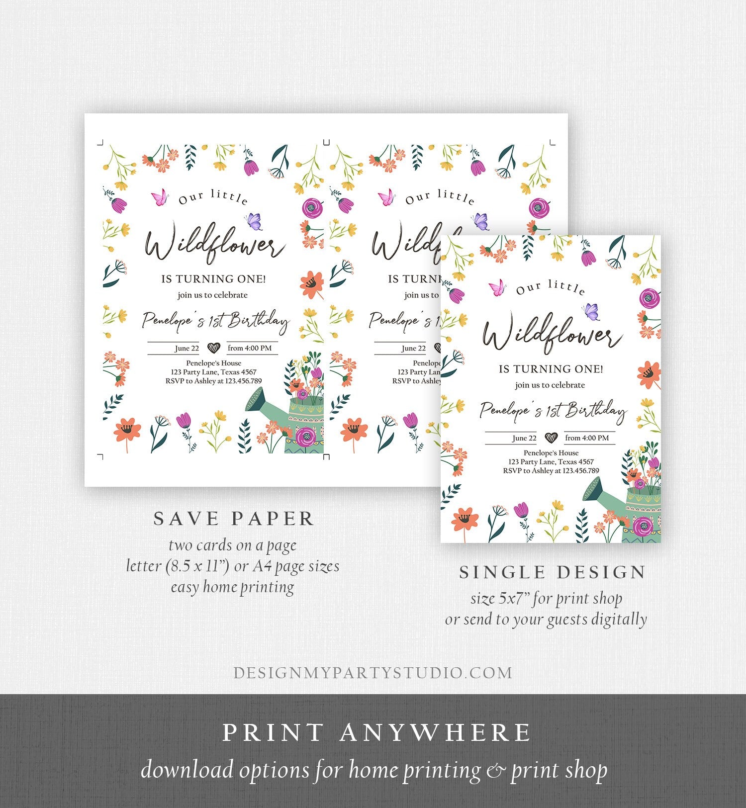 Editable Wildflower First Birthday Invitation 1st Birthday Flower Invitation Girl Garden Butterfly Download Corjl Template Printable 0396