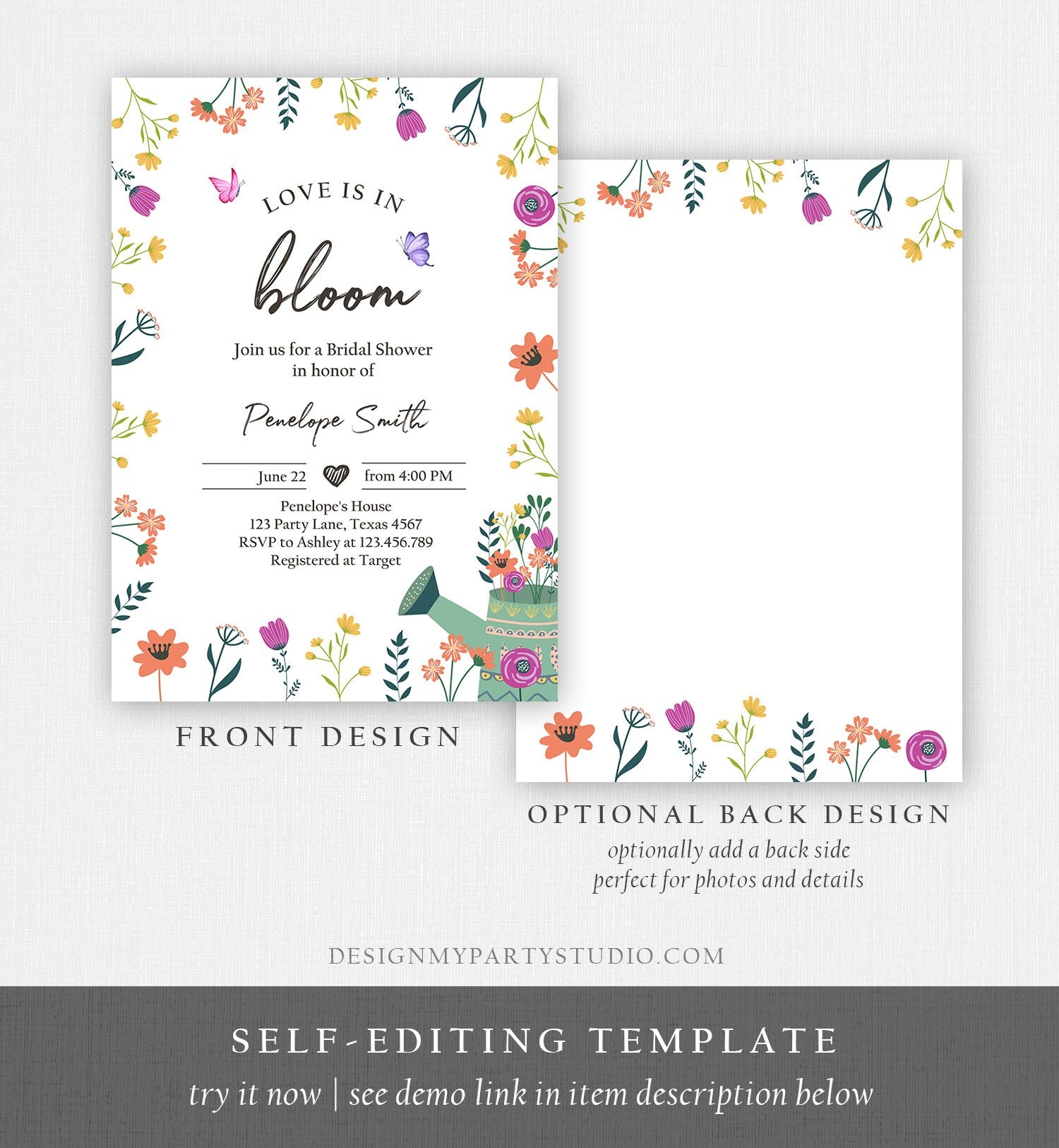 Editable Wildflower Bridal Shower Invitation Floral Spring Wildflowers Shower Bridal Brunch Garden Download Corjl Template Printable 0396