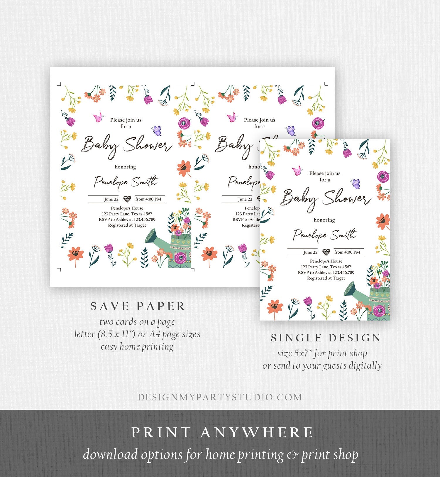 Editable Wildflower Baby Shower Invitation Boho Floral Spring Wildflowers Shower Butterfly Bohemian Download Corjl Template Printable 0396