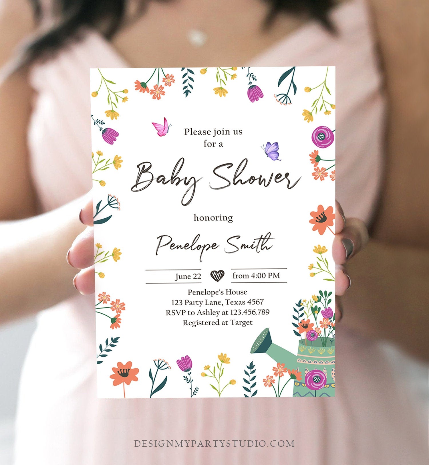 Editable Wildflower Baby Shower Invitation Boho Floral Spring Wildflowers Shower Butterfly Bohemian Download Corjl Template Printable 0396