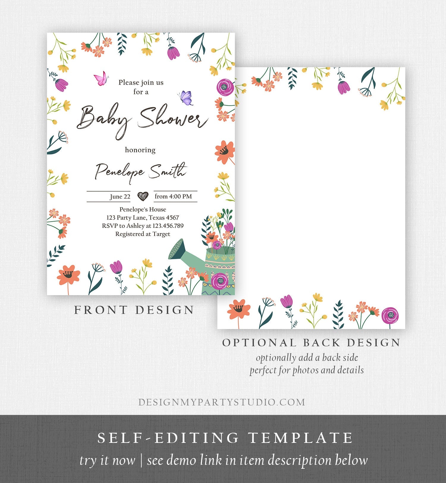 Editable Wildflower Baby Shower Invitation Boho Floral Spring Wildflowers Shower Butterfly Bohemian Download Corjl Template Printable 0396