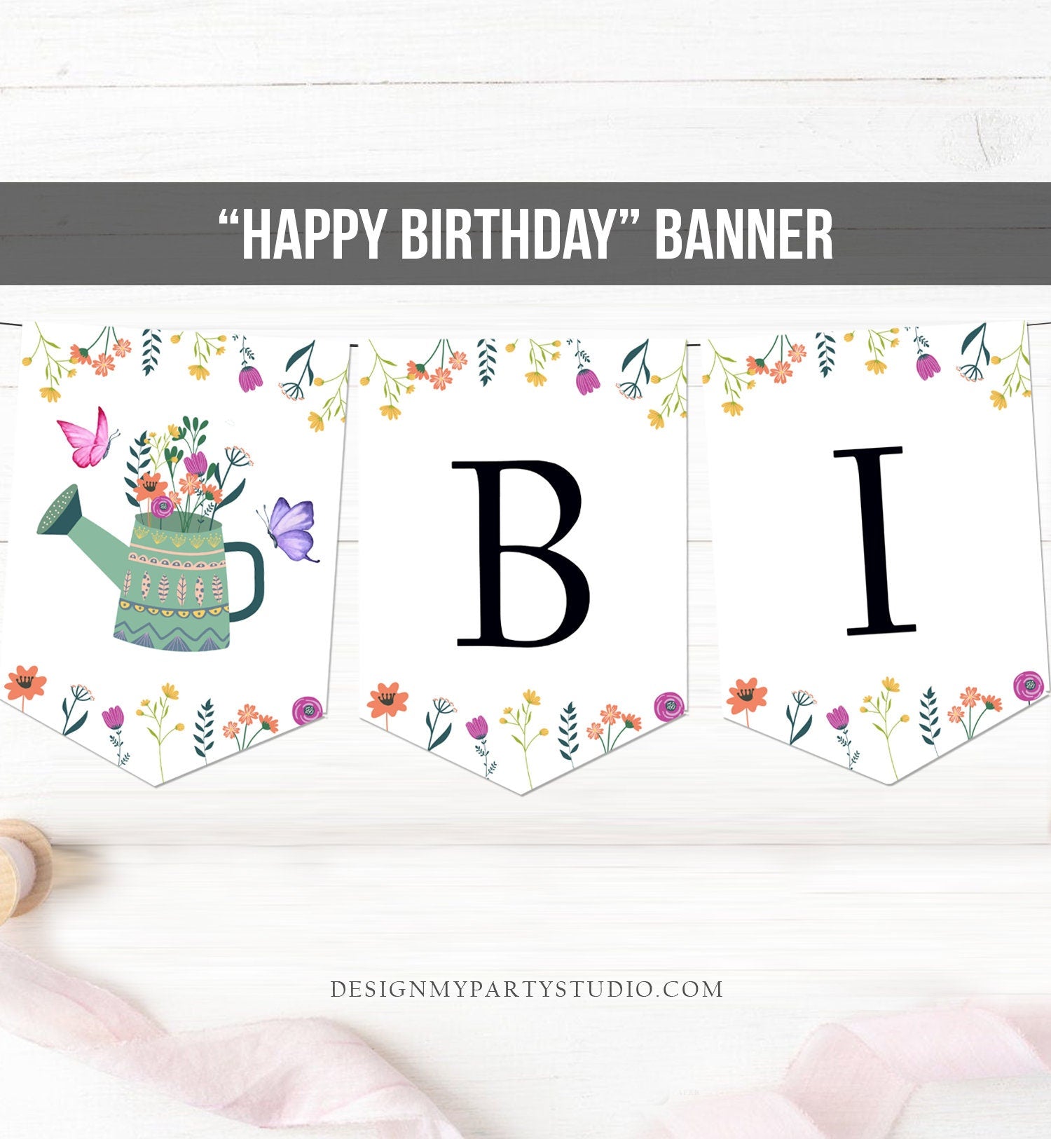 Happy Birthday Banner Wildflower Birthday Banner Girl First Birthday Party Decor Boho Floral Instant download PRINTABLE DIGITAL DIY 0396