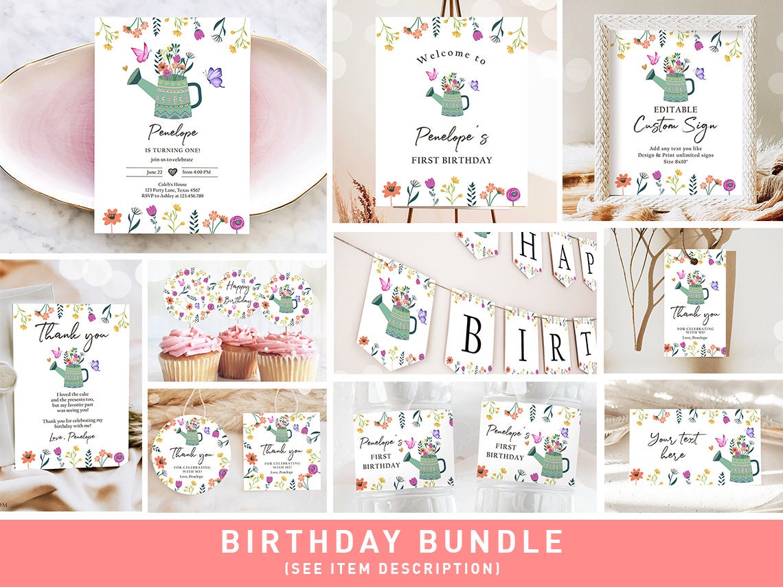 Wildflower Birthday Invitation Bundle Little Wildflower Birthday Party Decor Girl 1st Garden Party Butterfly Printable Digital Template 0396