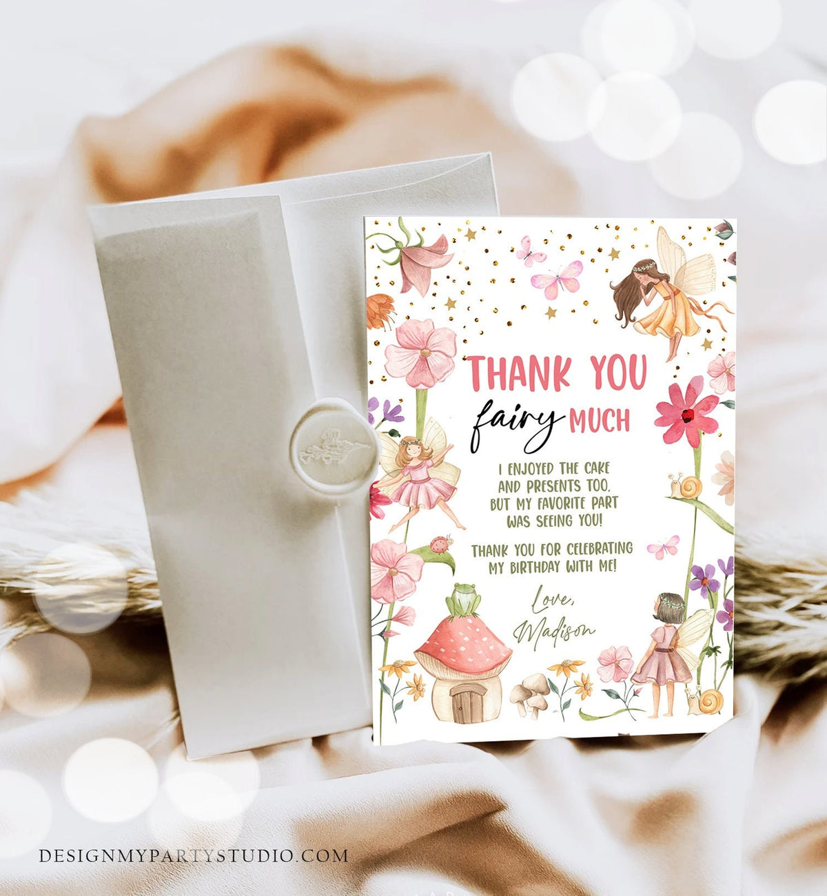 Editable Fairy Birthday Thank You Card Fairy Garden Birthday Girl Forest Thank You Note Boho Magical Template Instant Download Corjl 0406