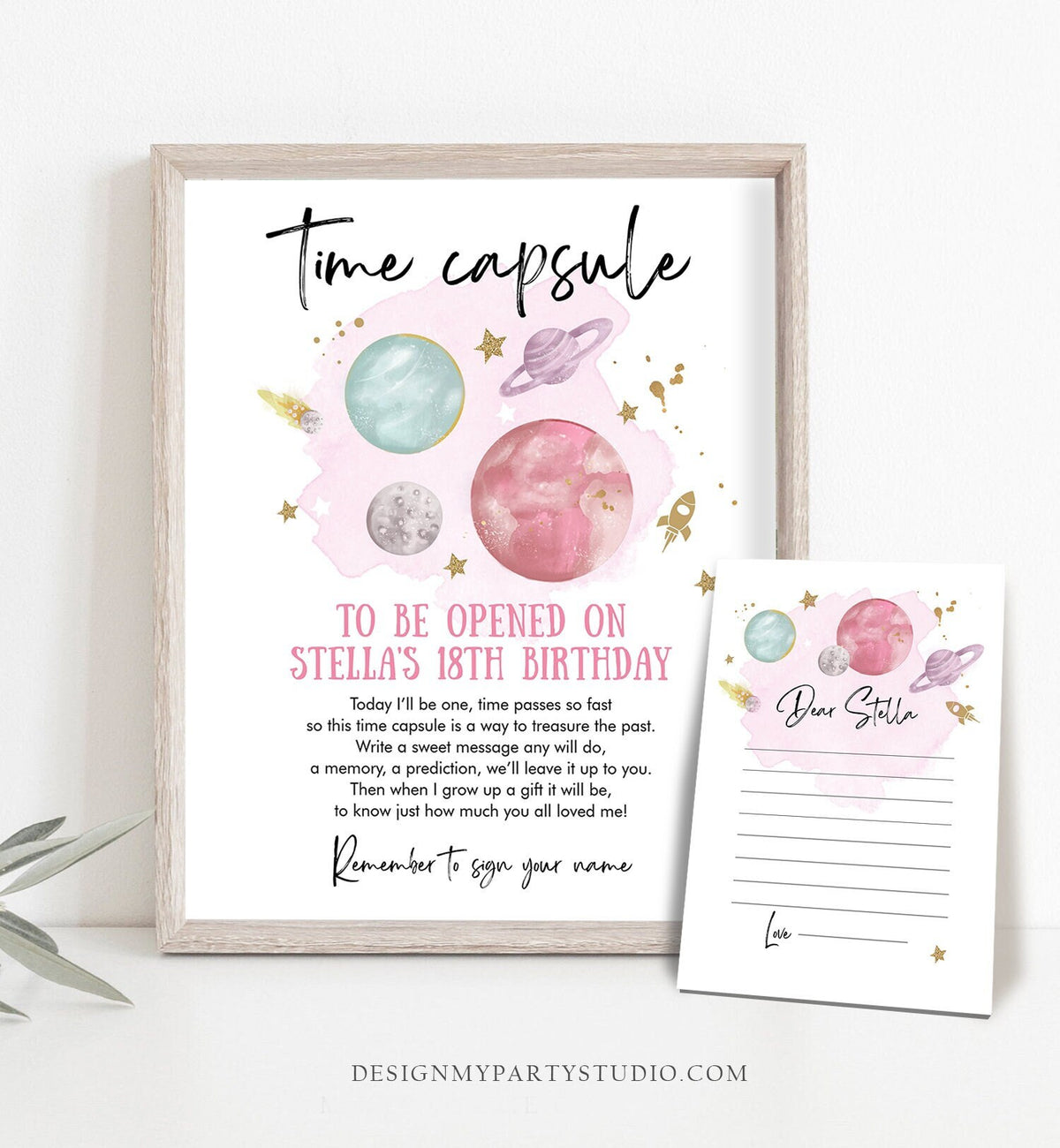 Editable Outer Space Time Capsule First Birthday Party Astronaut Rocket Space Girl Pink Moon Planets Guestbook Template Printable Corjl 0357