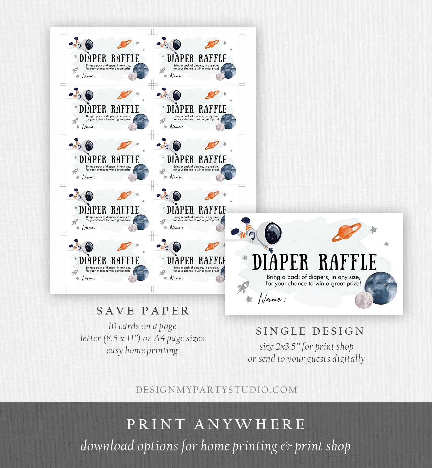 Editable Outer Space Diaper Raffle Ticket Astronaut Baby Shower Orange Planets Galaxy Registry Card Game Digital Template PRINTABLE 0366