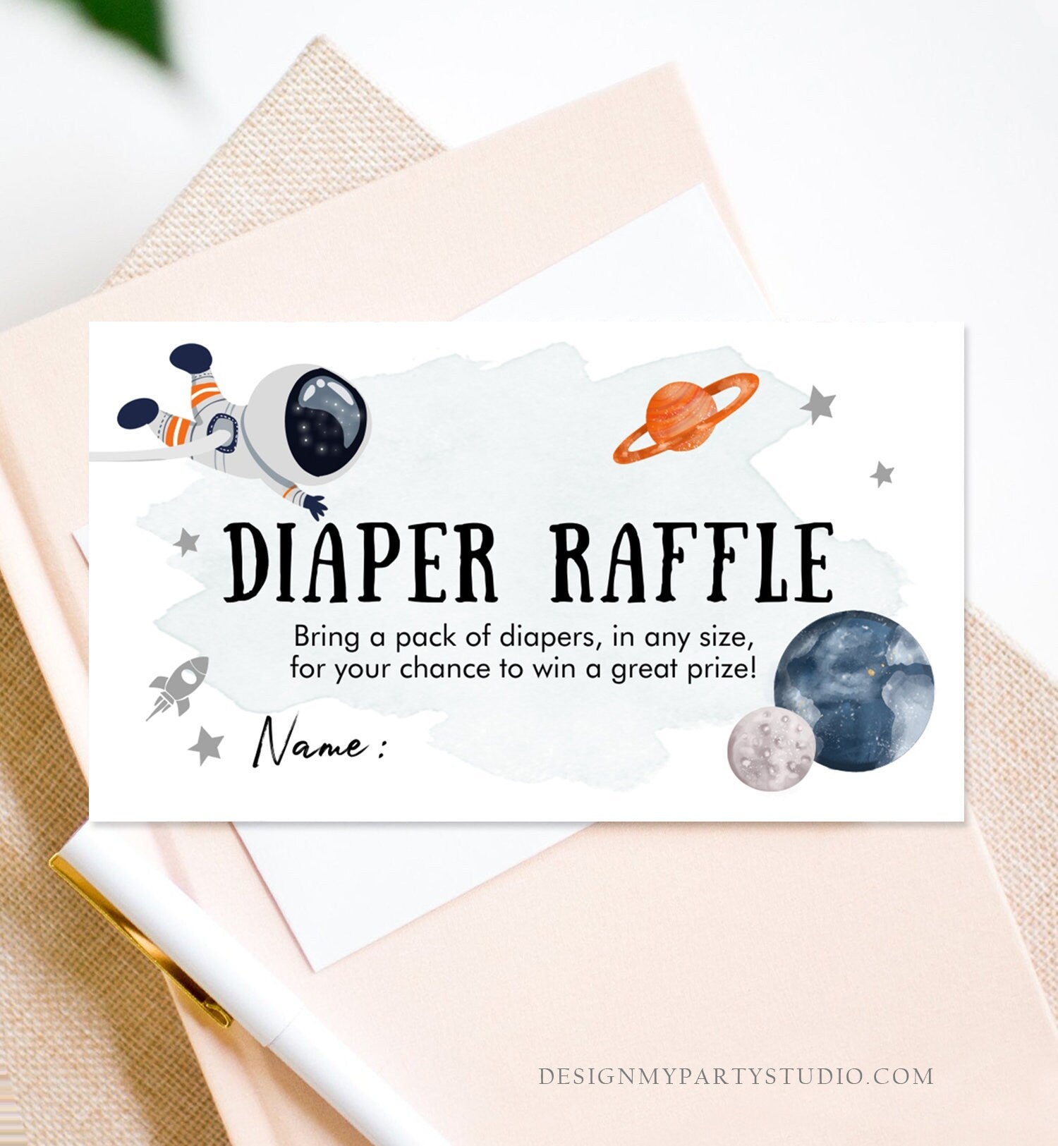 Editable Outer Space Diaper Raffle Ticket Astronaut Baby Shower Orange Planets Galaxy Registry Card Game Digital Template PRINTABLE 0366