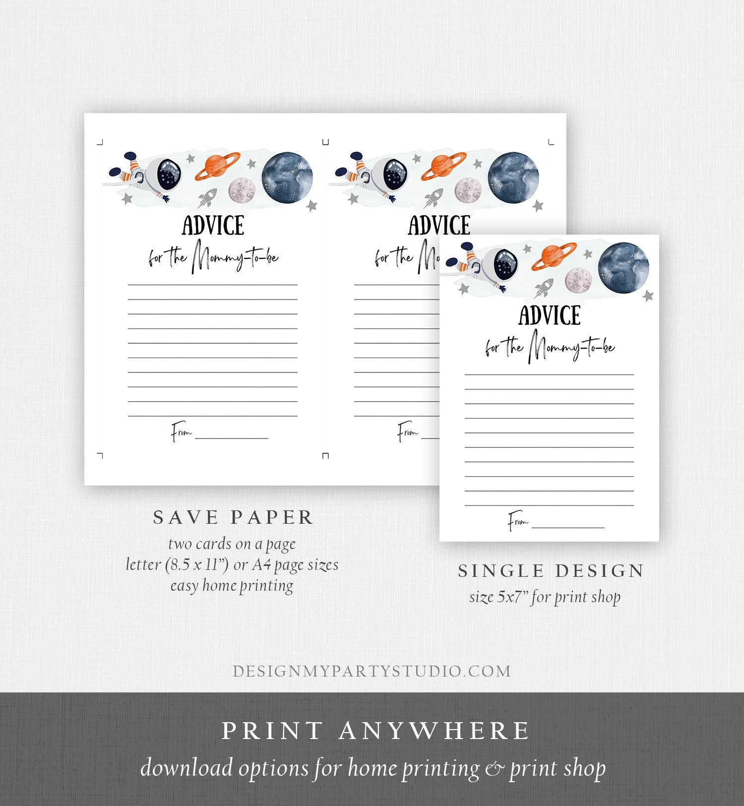 Editable Advice Card Baby Shower Game Advice for Mommy to Be Outer Space Planets Astronaut Orange Activity Corjl Template Printable 0366