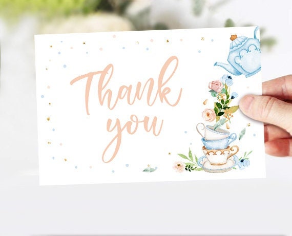 Tea Party Thank you Card Floral Tea Baby Shower Thank You Note 4x6&quot; Boy Blue Tea Birthday Tea for Two PRINTABLE Instant Download 0349