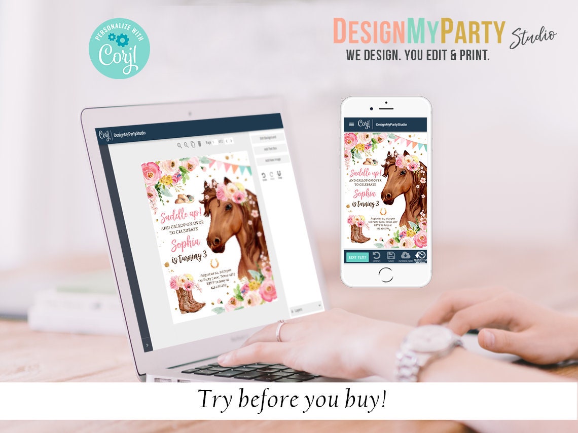 Horse Birthday Invitation Bundle Horse Party Invite Pony Birthday Saddle Up Floral Horse Girl 1st Birthday Printable Corjl Template 0408