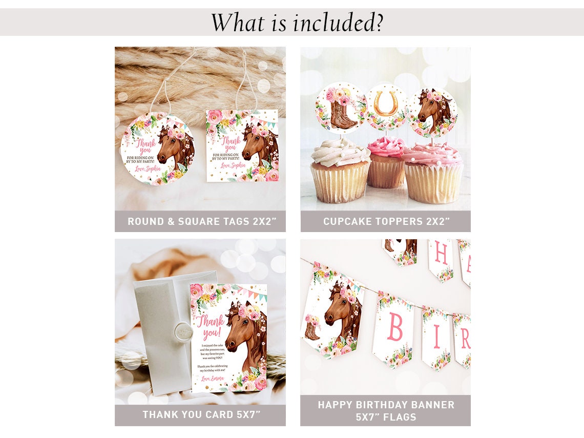 Horse Birthday Invitation Bundle Horse Party Invite Pony Birthday Saddle Up Floral Horse Girl 1st Birthday Printable Corjl Template 0408