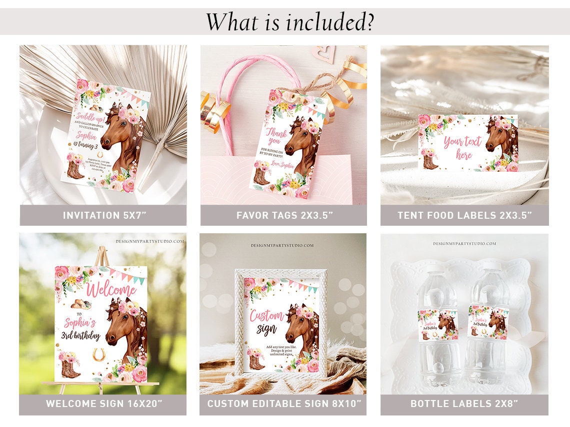 Horse Birthday Invitation Bundle Horse Party Invite Pony Birthday Saddle Up Floral Horse Girl 1st Birthday Printable Corjl Template 0408