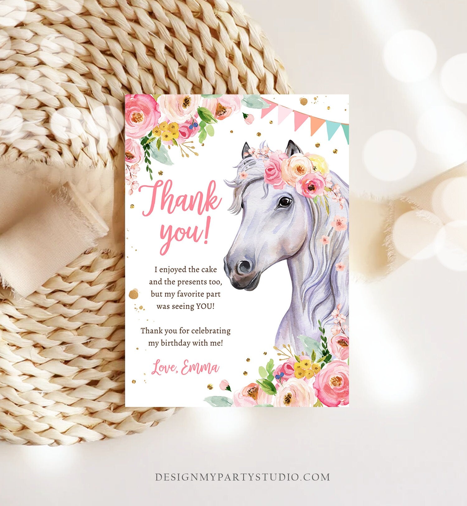 Editable Horse Thank You Card Note Girl Birthday Party Cowgirl Watercolor Pink Floral Saddle Up Download Printable Corjl Template 0408