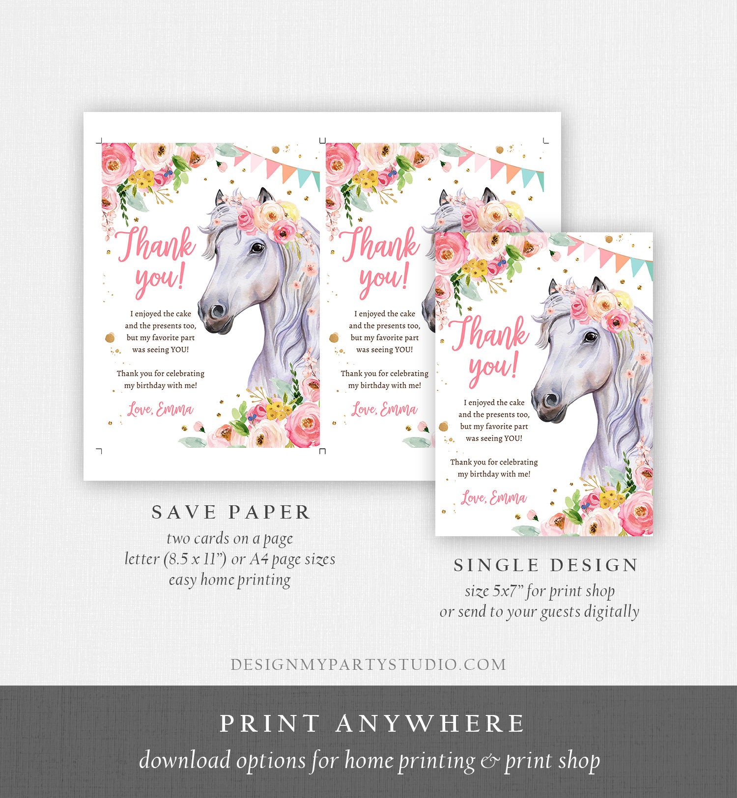 Editable Horse Thank You Card Note Girl Birthday Party Cowgirl Watercolor Pink Floral Saddle Up Download Printable Corjl Template 0408