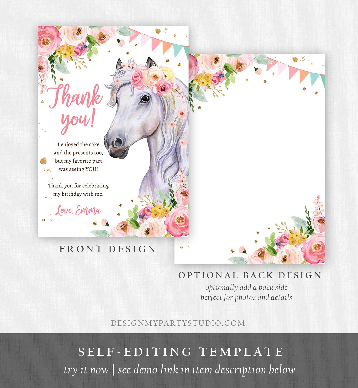 Editable Horse Thank You Card Note Girl Birthday Party Cowgirl Watercolor Pink Floral Saddle Up Download Printable Corjl Template 0408