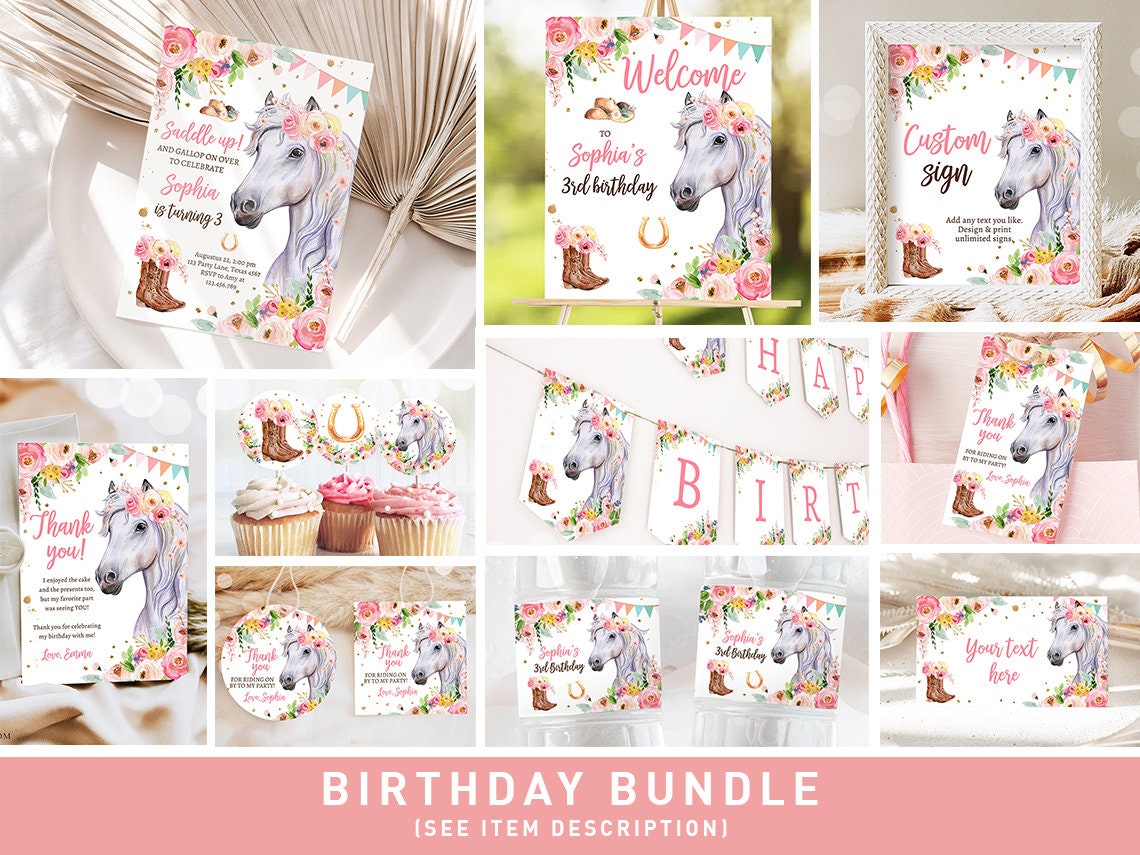 Horse Birthday Invitation Bundle Horse Party Invite Pony Birthday Saddle Up Floral Horse Girl 1st Birthday Printable Corjl Template 0408