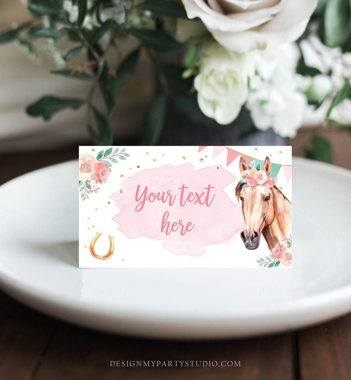 Editable Horse Birthday Food Tent Cards Horse Labels Cowgirl Party Place Cards Girl Pink Floral Pony Saddle Up Printable Template Corjl 0398