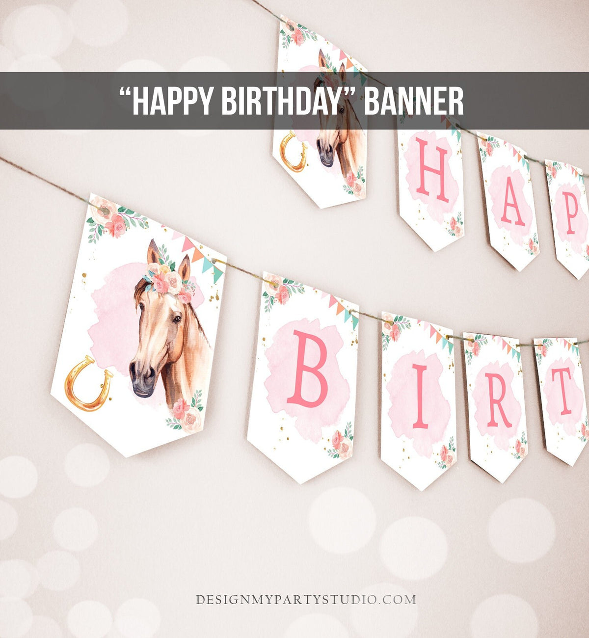 Happy Birthday Banner Horse Birthday Banner Saddle Up Watercolor Cowgirl Party Girl Pony Birthday Decor Download PRINTABLE DIGITAL DIY 0398