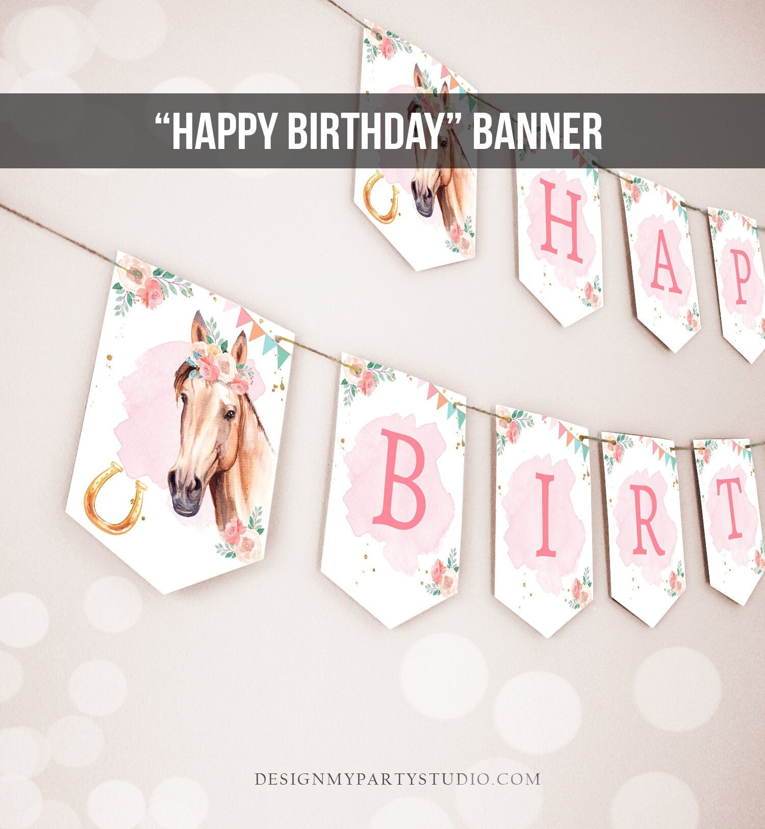 Happy Birthday Banner Horse Birthday Banner Saddle Up Watercolor Cowgirl Party Girl Pony Birthday Decor Download PRINTABLE DIGITAL DIY 0398