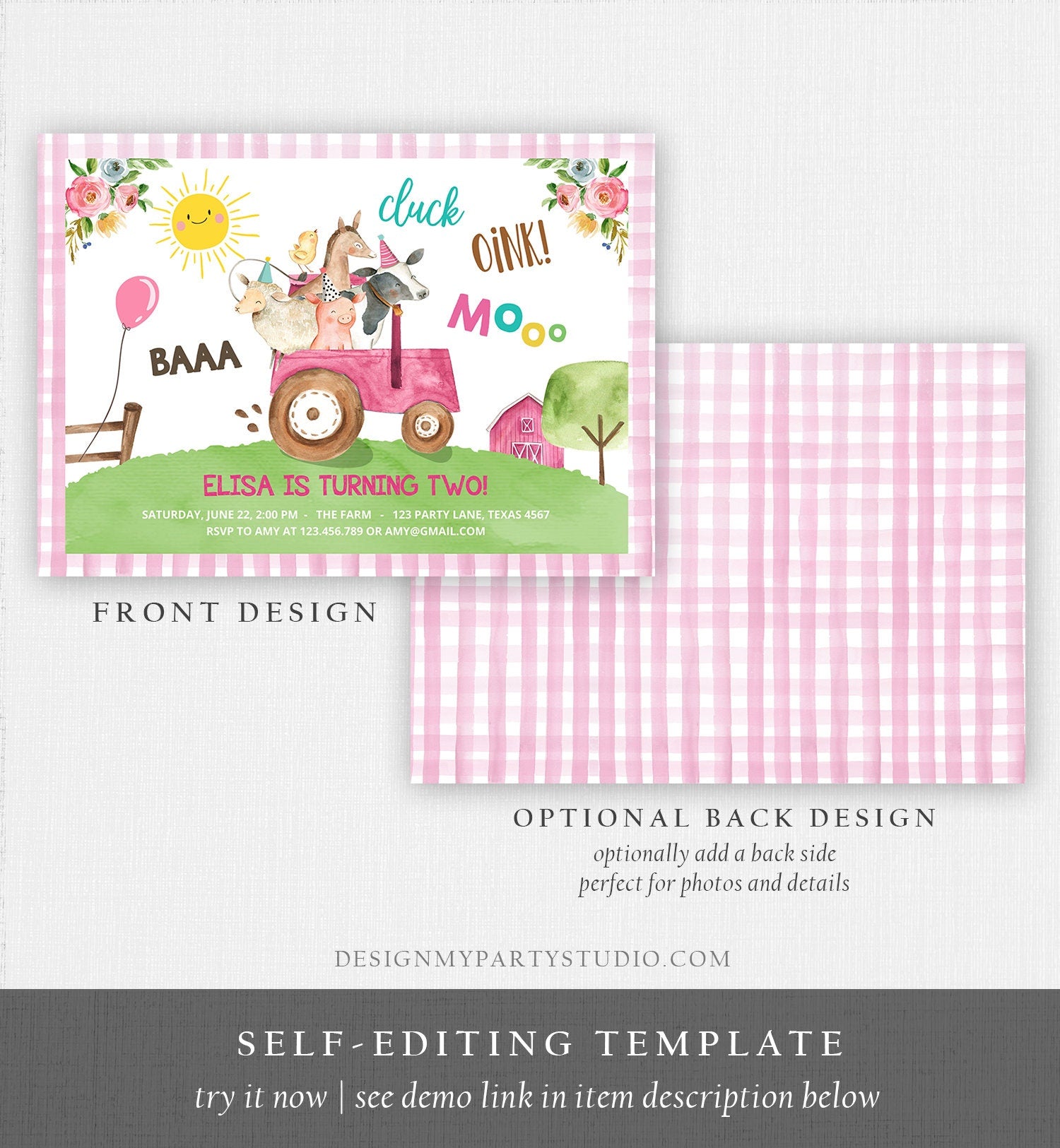 Editable Farm Birthday Invitation Girl Farm Animals Pink Floral Pink Gingham Party Tractor Digital Download Corjl Template Printable 0155