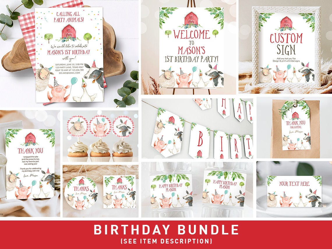 Farm Animals Birthday Invitation Bundle Boy Farm Barnyard Party Party Animals Farm Birthday Party Pack First Printable Corjl Template 0155