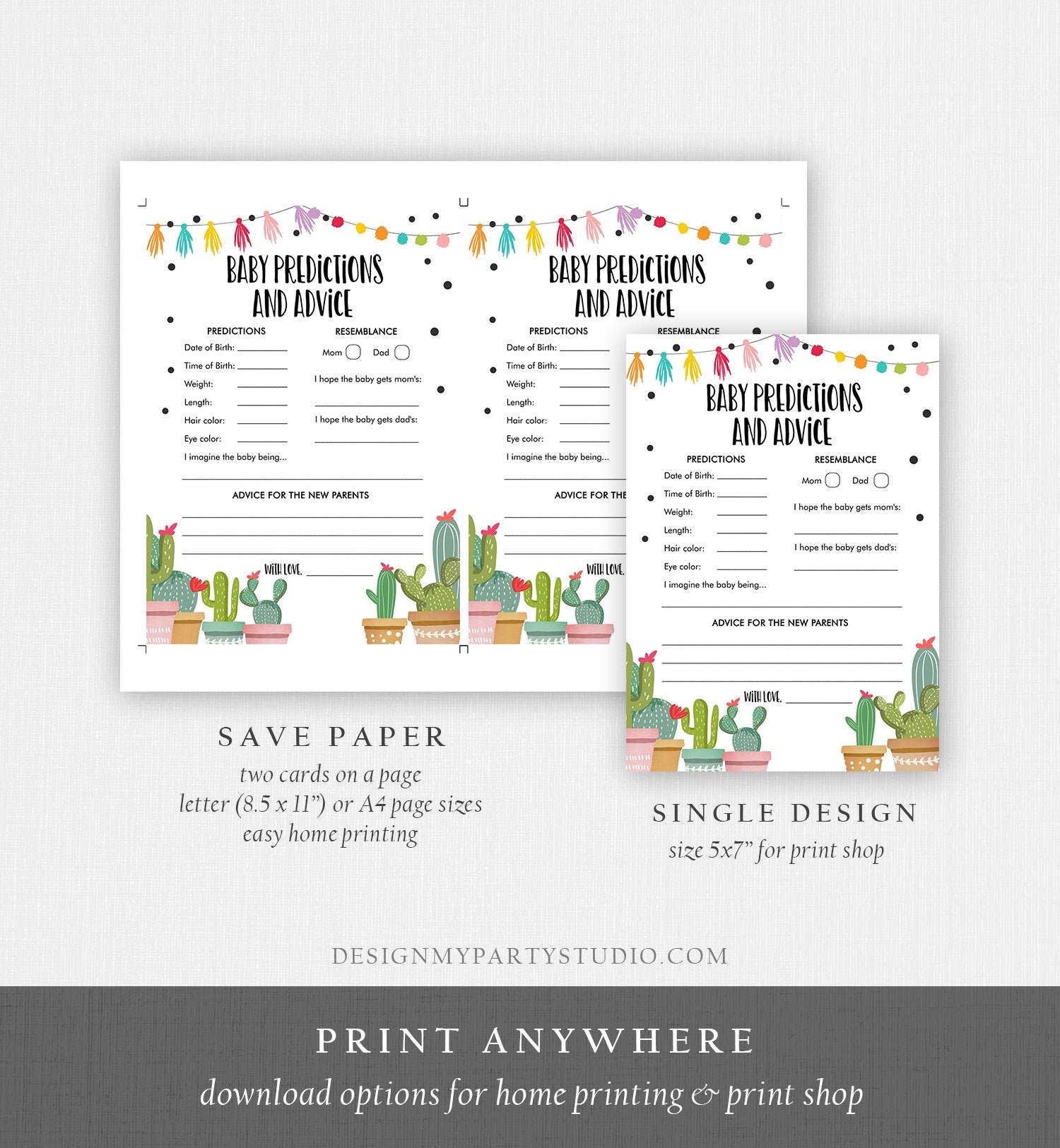 Editable Baby Predictions Baby Shower Game Advice for Parents Cactus Fiesta Succulent Mexican Taco Bout Corjl Template Printable 0254