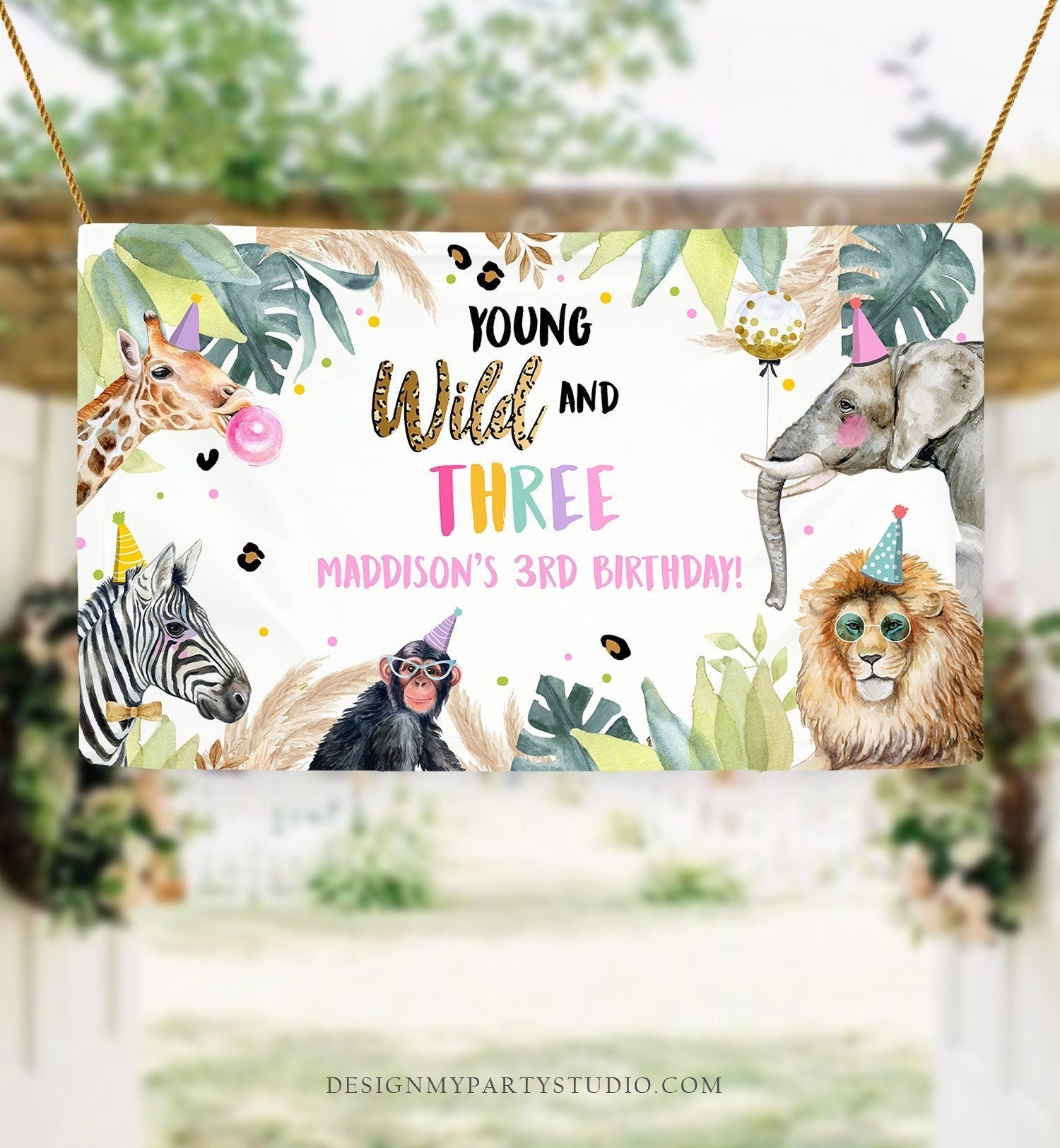 Editable Party Animals Young Wild and Three Backdrop Banner Safari Animals Girl Pink Third Birthday Welcome Corjl Template Printable 0417