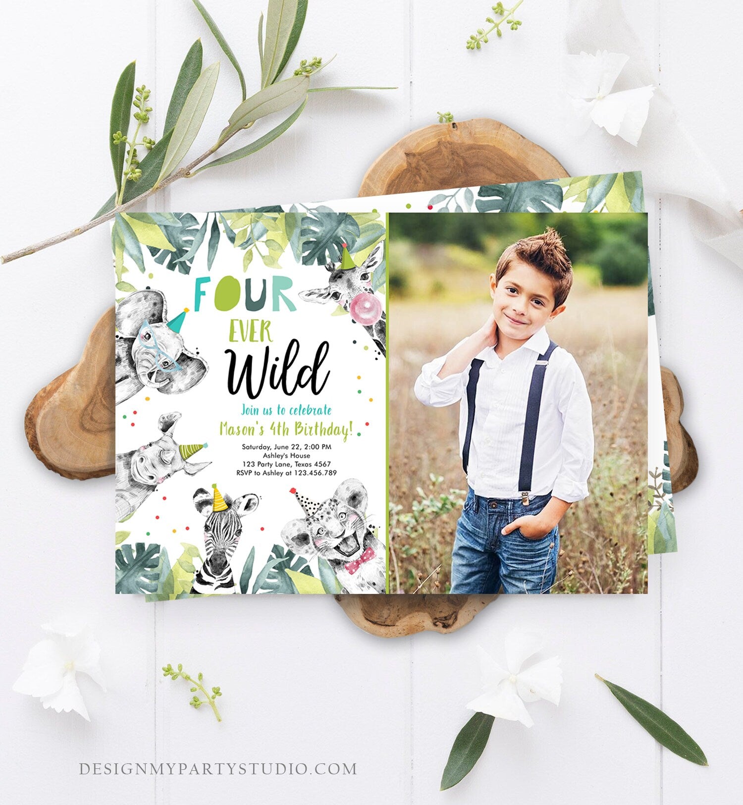 Editable Four Ever Wild Invitation Safari Animals Party Animals Boy Gold Fourth Birthday 4th Zoo Digital Corjl Template Printable 0322