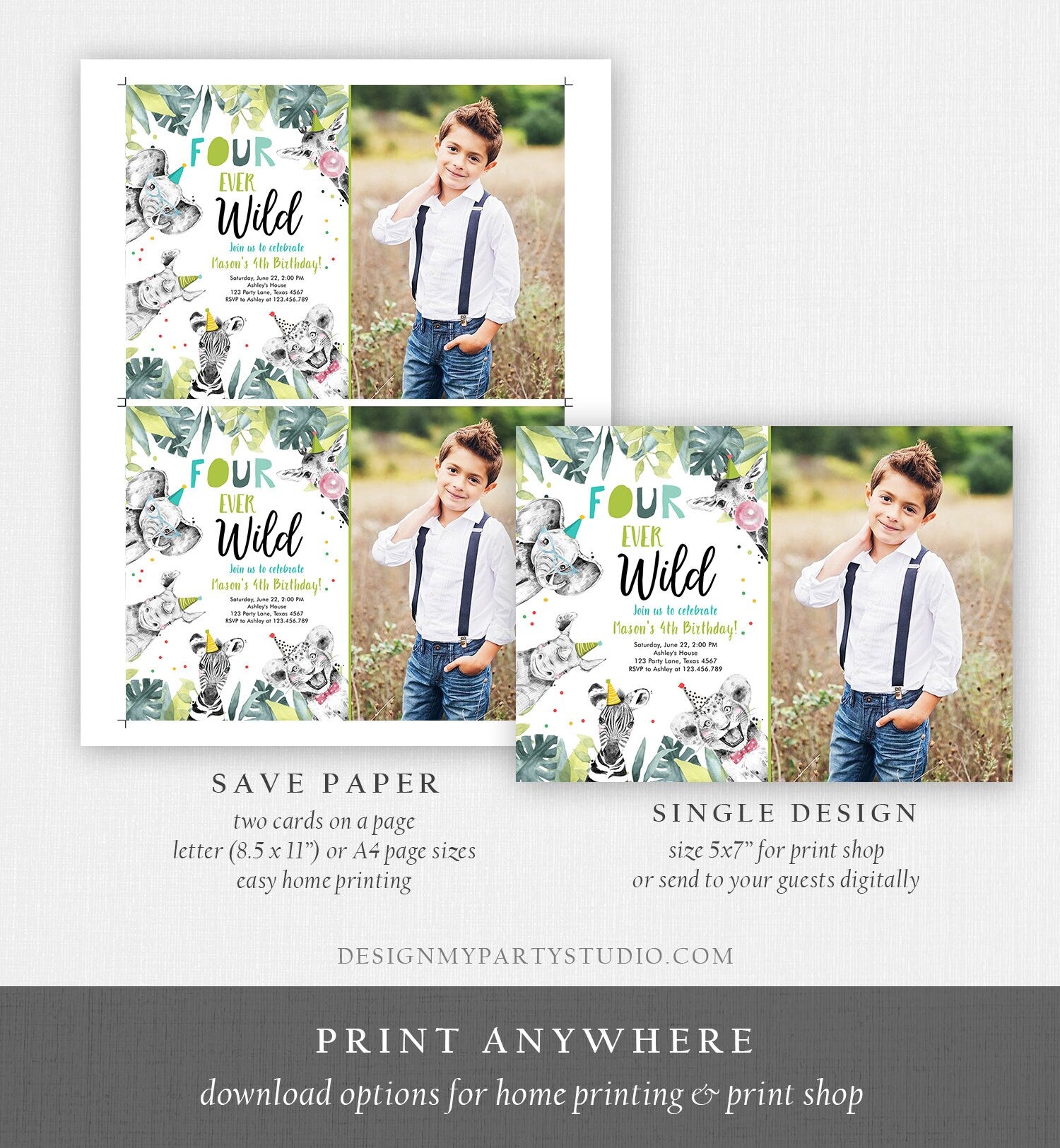 Editable Four Ever Wild Invitation Safari Animals Party Animals Boy Gold Fourth Birthday 4th Zoo Digital Corjl Template Printable 0322