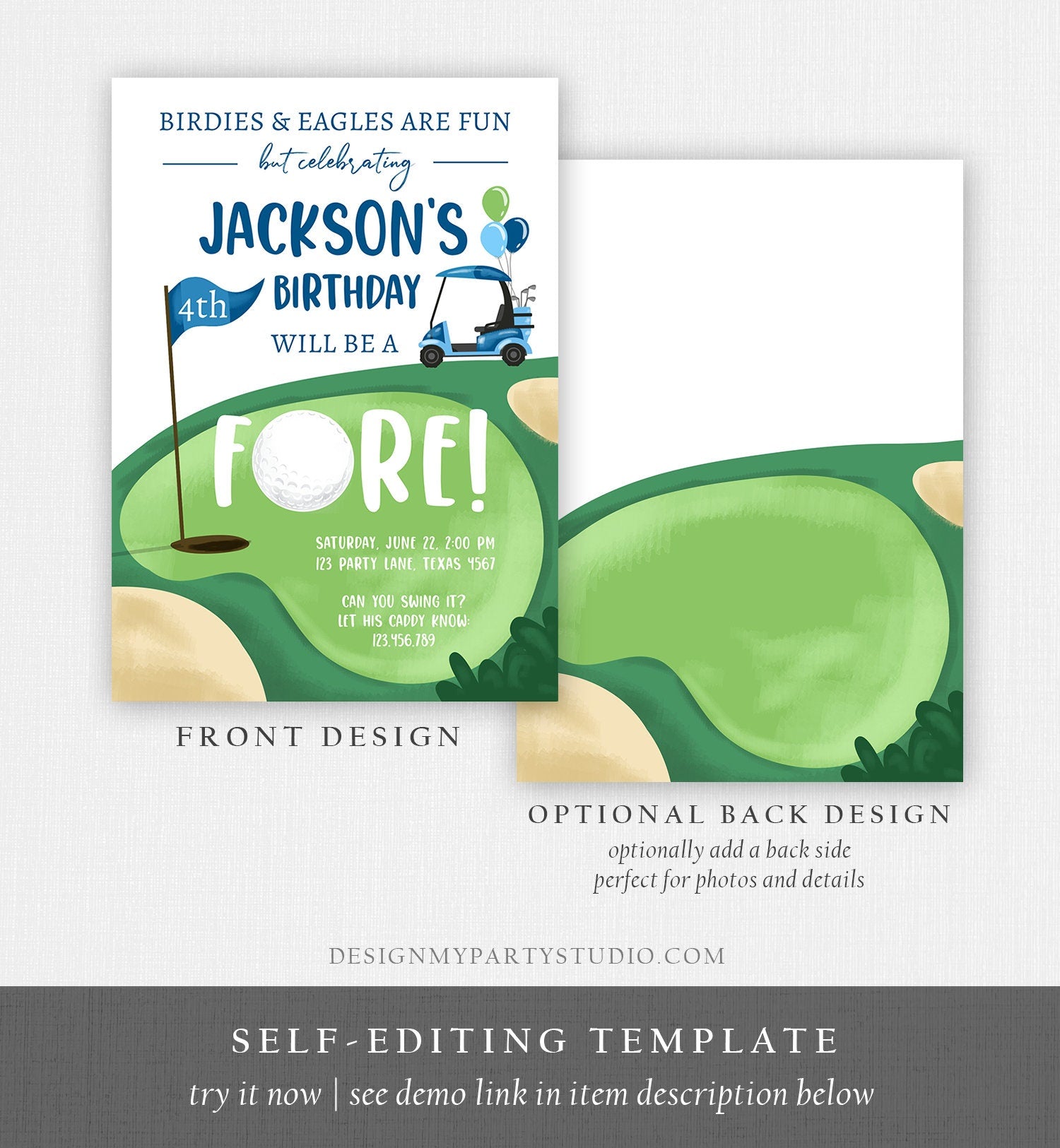 Editable Fore Golf Birthday Invitation Golf Fourth Birthday 4th Par-tee Golf Boy Golfing Digital Download Evite Template Printable 0405