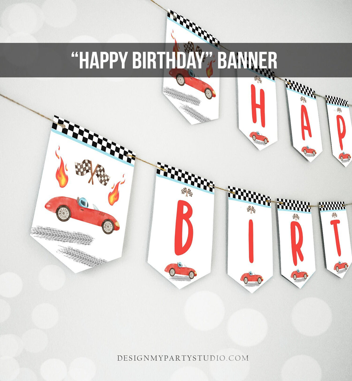 Happy Birthday Banner Race Car Banner Boy Race Car Birthday Decorations Growing Up Two Fast 2 Red Instant Download PRINTABLE DIGITAL 0424