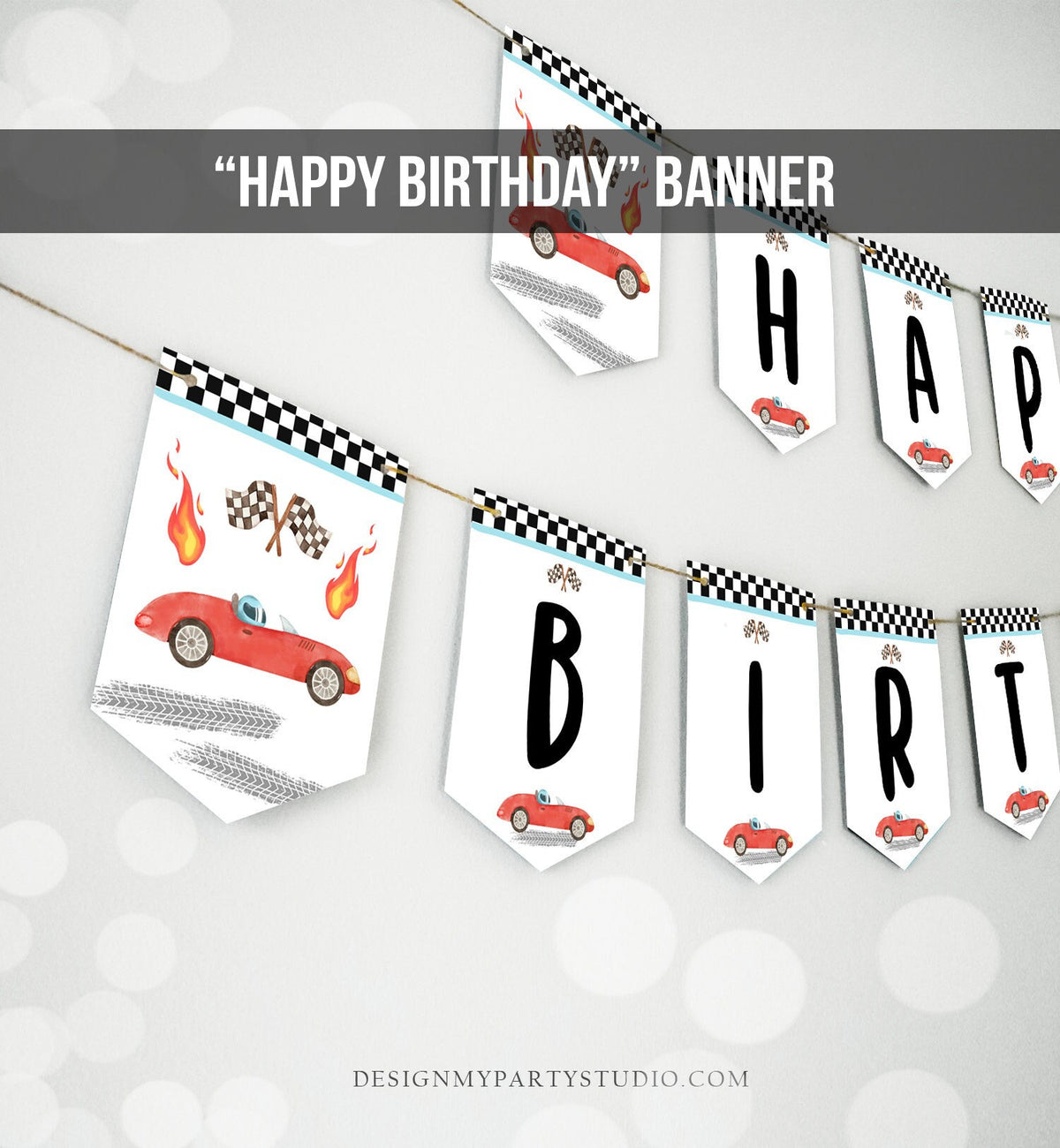 Happy Birthday Banner Race Car Banner Boy Race Car Birthday Decorations Growing Up Two Fast Red Instant download PRINTABLE DIGITAL DIY 0424