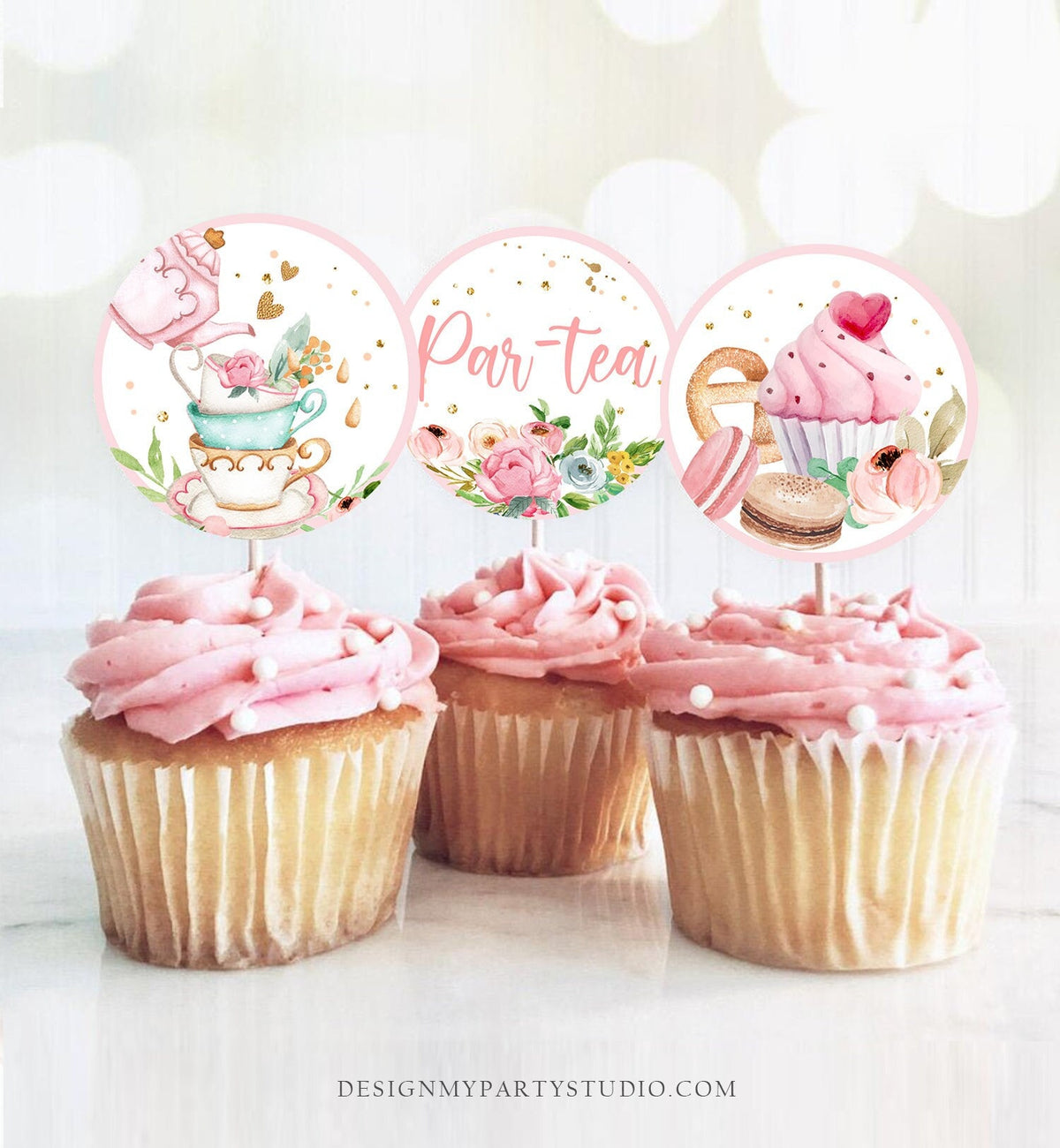 Tea Party Cupcake Toppers Tea Birthday Cupcake Toppers Favor Tag Girl Tea For Two Whimsical Floral Pink Gold Download Digital PRINTABLE 0349