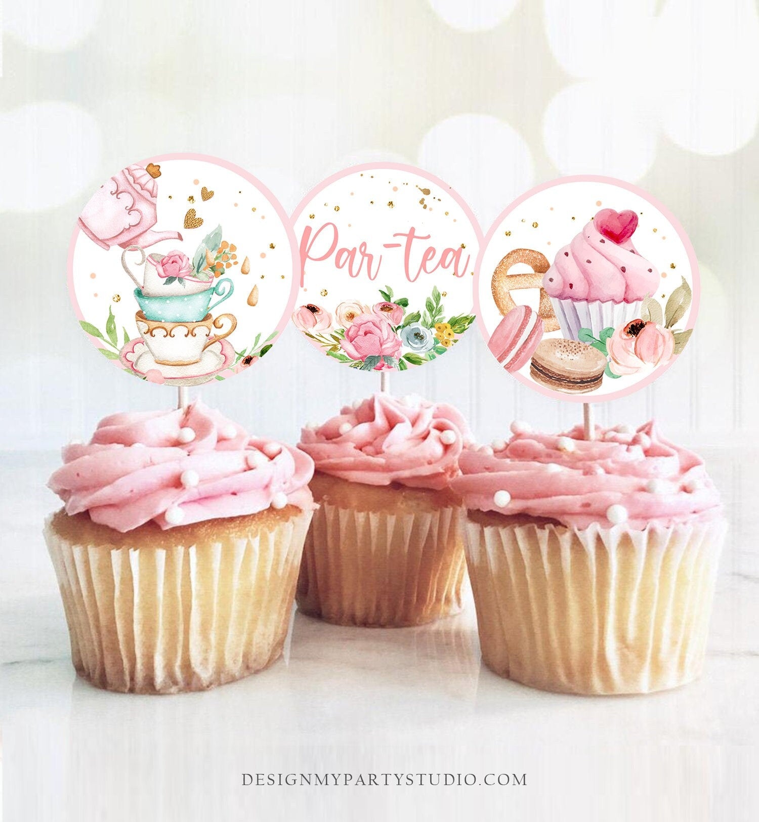 Tea Party Cupcake Toppers Tea Birthday Cupcake Toppers Favor Tag Girl Tea For Two Whimsical Floral Pink Gold Download Digital PRINTABLE 0349