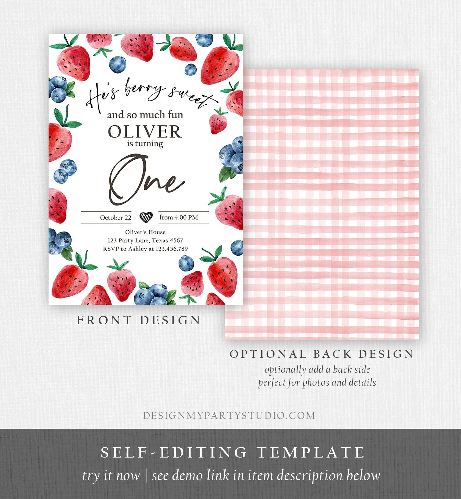 Editable Berry Sweet Birthday Invitation Blueberry Strawberry Picking Party Farmers Market Twin Printable Template Corjl Digital 0399