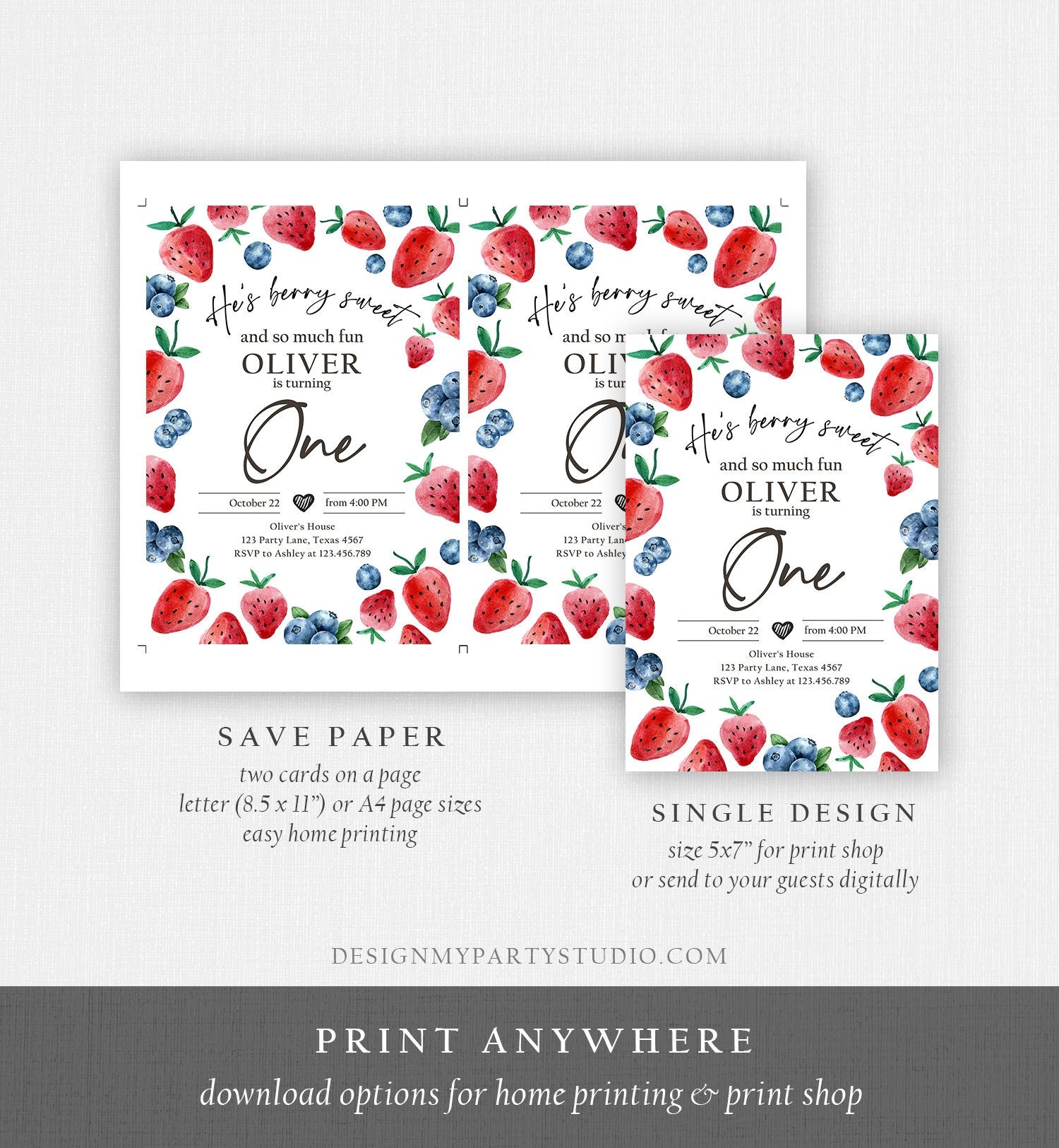 Editable Berry Sweet Birthday Invitation Blueberry Strawberry Picking Party Farmers Market Twin Printable Template Corjl Digital 0399