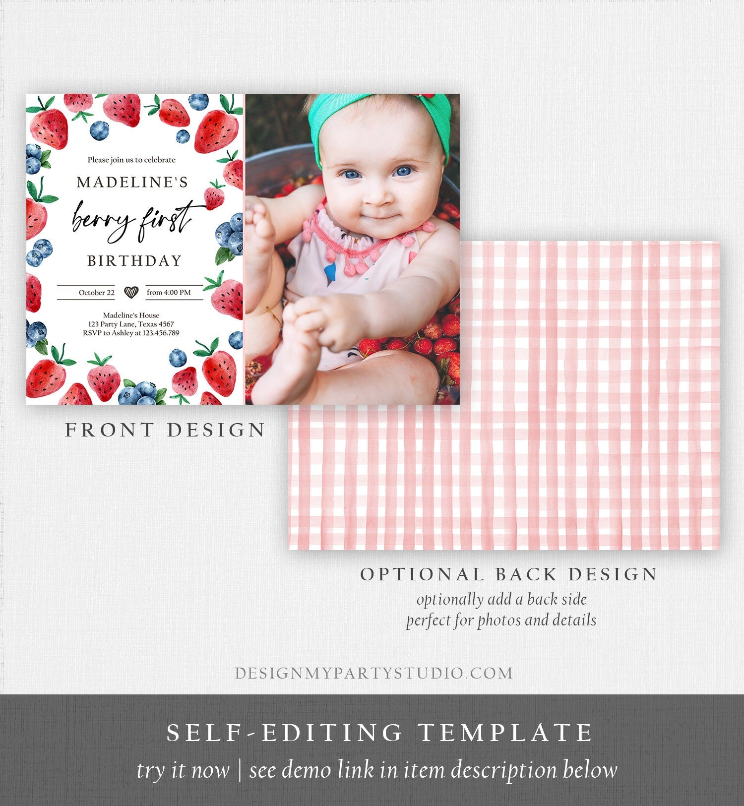 Editable Berry Sweet Birthday Invitation Blueberry Strawberry Picking Party Farmers Market Twin Printable Template Corjl Digital 0399