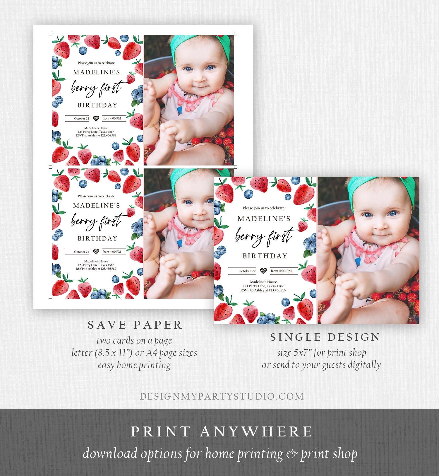 Editable Berry Sweet Birthday Invitation Blueberry Strawberry Picking Party Farmers Market Twin Printable Template Corjl Digital 0399