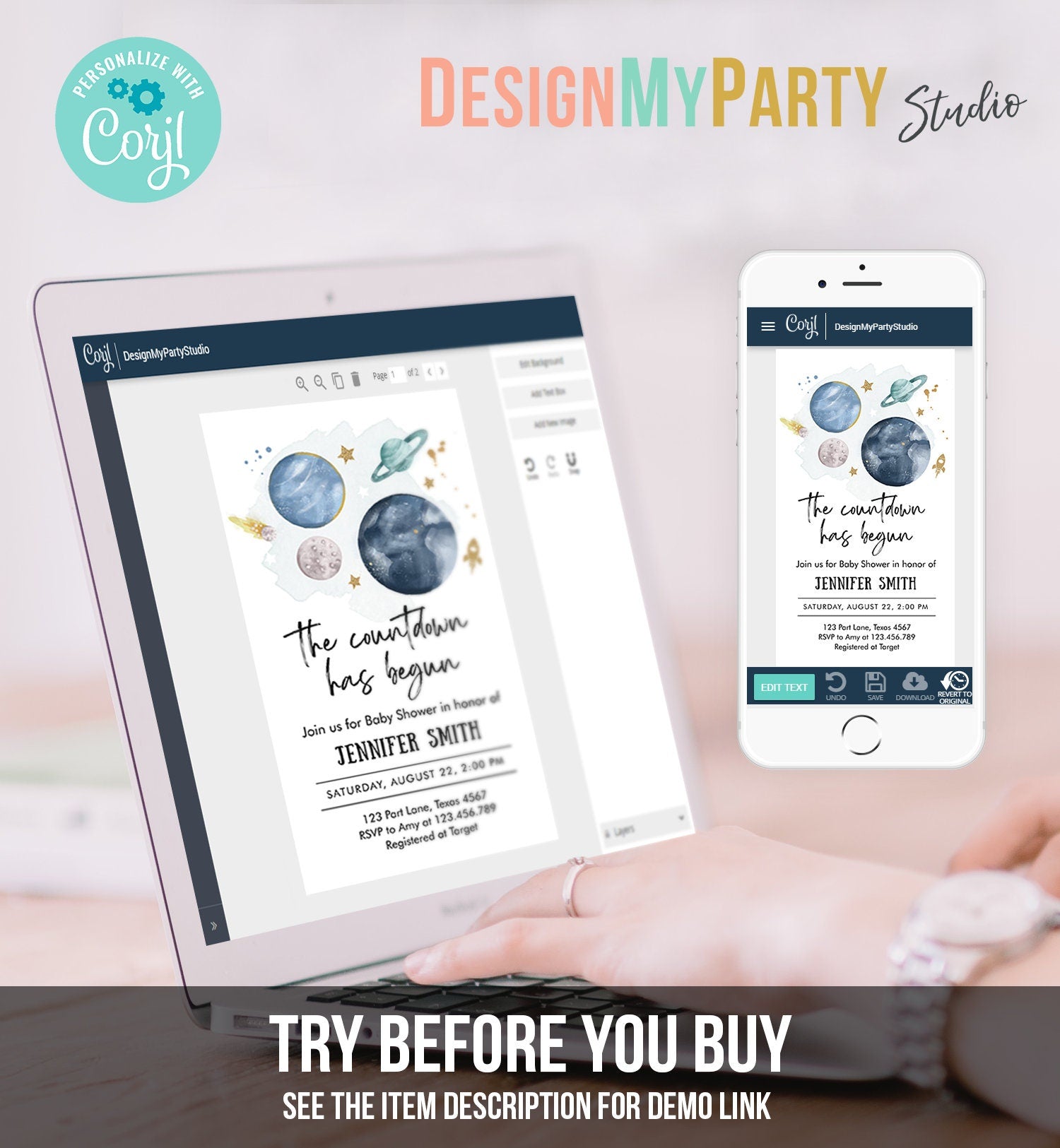 Editable Space Baby Shower Evite Galaxy Outer Space Planets Moon Countdown Electronic Invite Template Digital Instant Download Corjl 0357