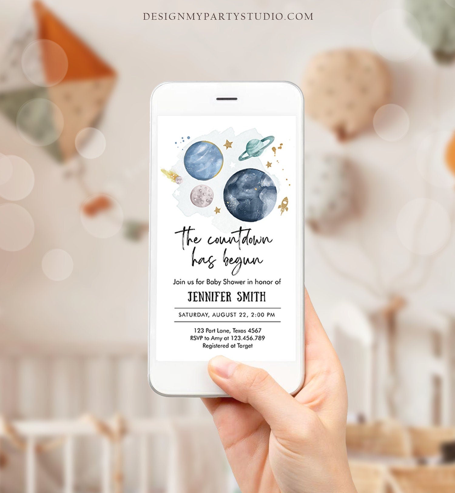 Editable Space Baby Shower Evite Galaxy Outer Space Planets Moon Countdown Electronic Invite Template Digital Instant Download Corjl 0357