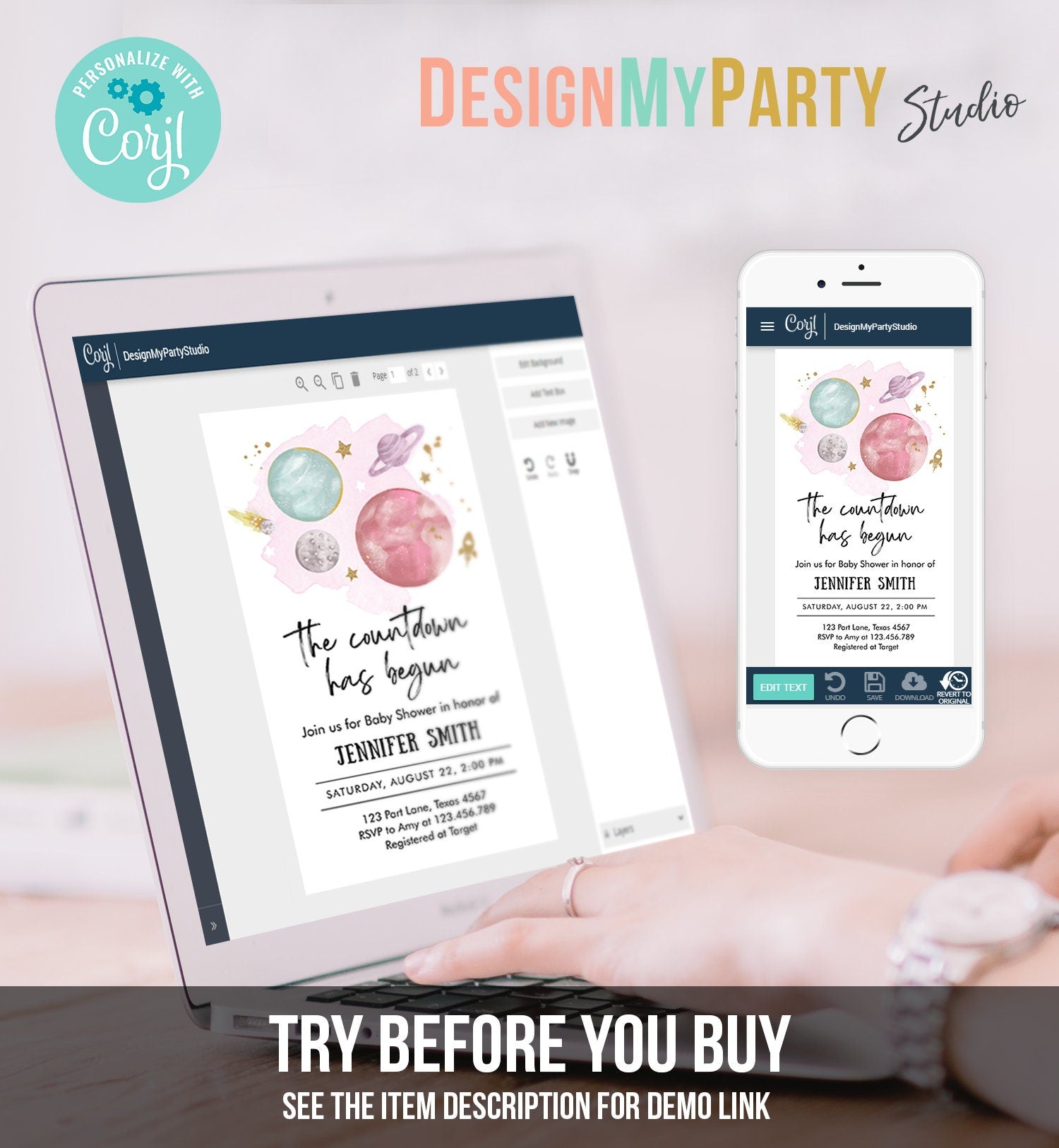 Editable Space Baby Shower Evite Galaxy Outer Space Planets Moon Countdown Electronic Invite Template Digital Instant Download Corjl 0357