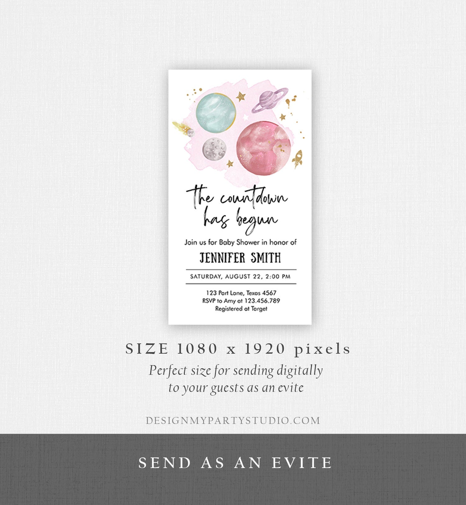 Editable Space Baby Shower Evite Galaxy Outer Space Planets Moon Countdown Electronic Invite Template Digital Instant Download Corjl 0357