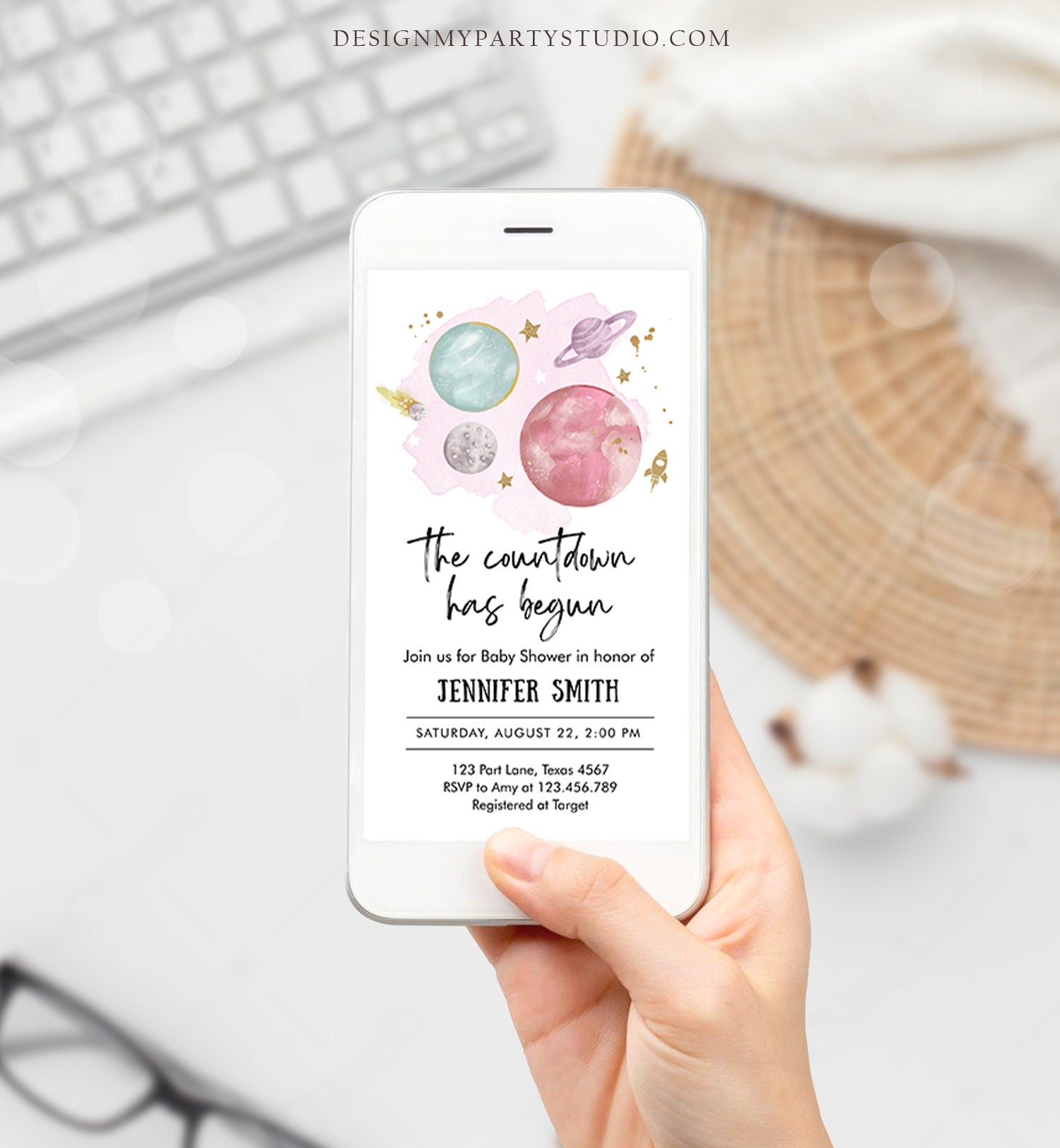 Editable Space Baby Shower Evite Galaxy Outer Space Planets Moon Countdown Electronic Invite Template Digital Instant Download Corjl 0357