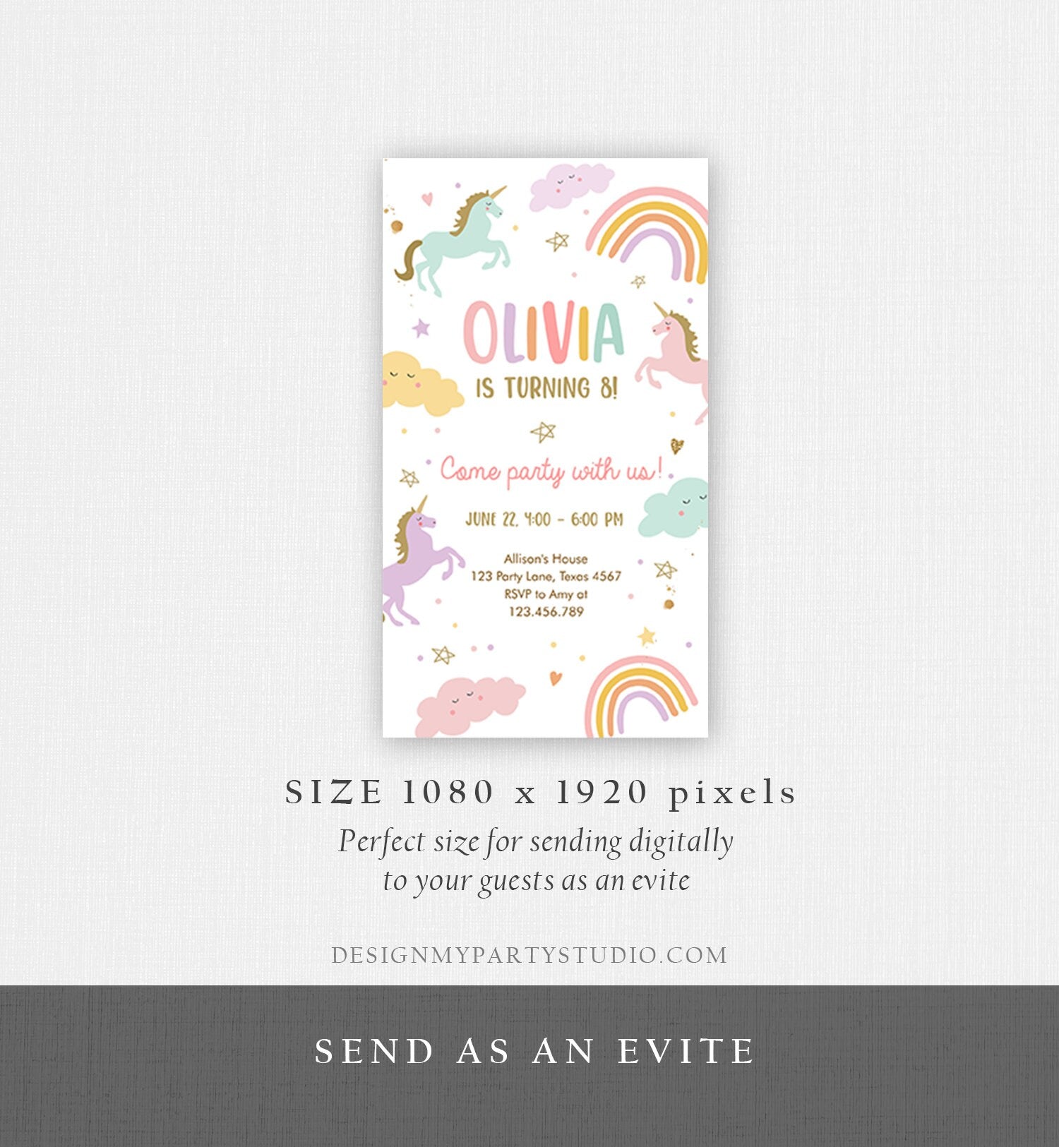 Editable Unicorn Birthday Evite Magical Party Invite Girl Pastel First Digital Unicorn Party Template Rainbow Phone Download Electronic 0426