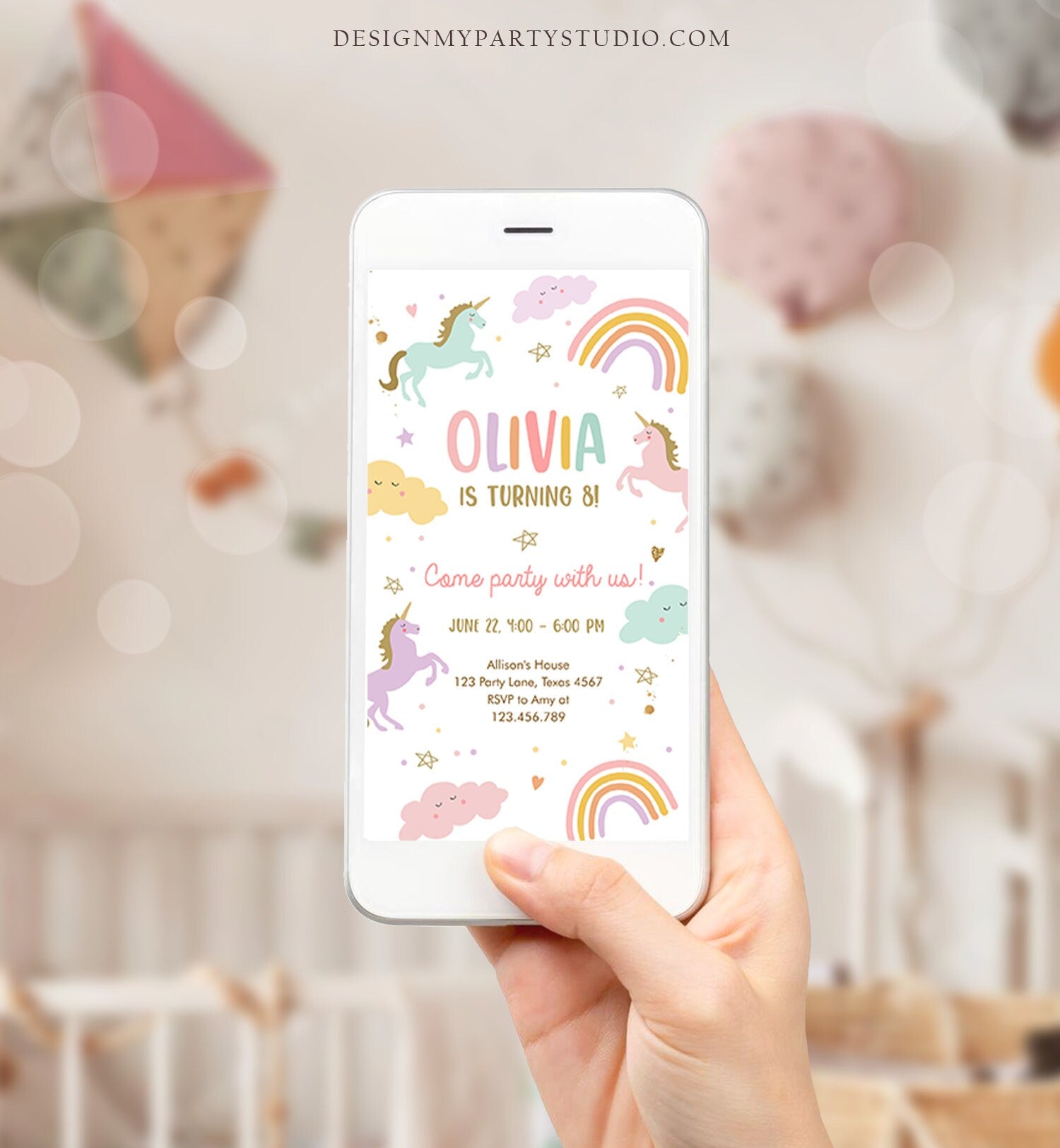 Editable Unicorn Birthday Evite Magical Party Invite Girl Pastel First Digital Unicorn Party Template Rainbow Phone Download Electronic 0426