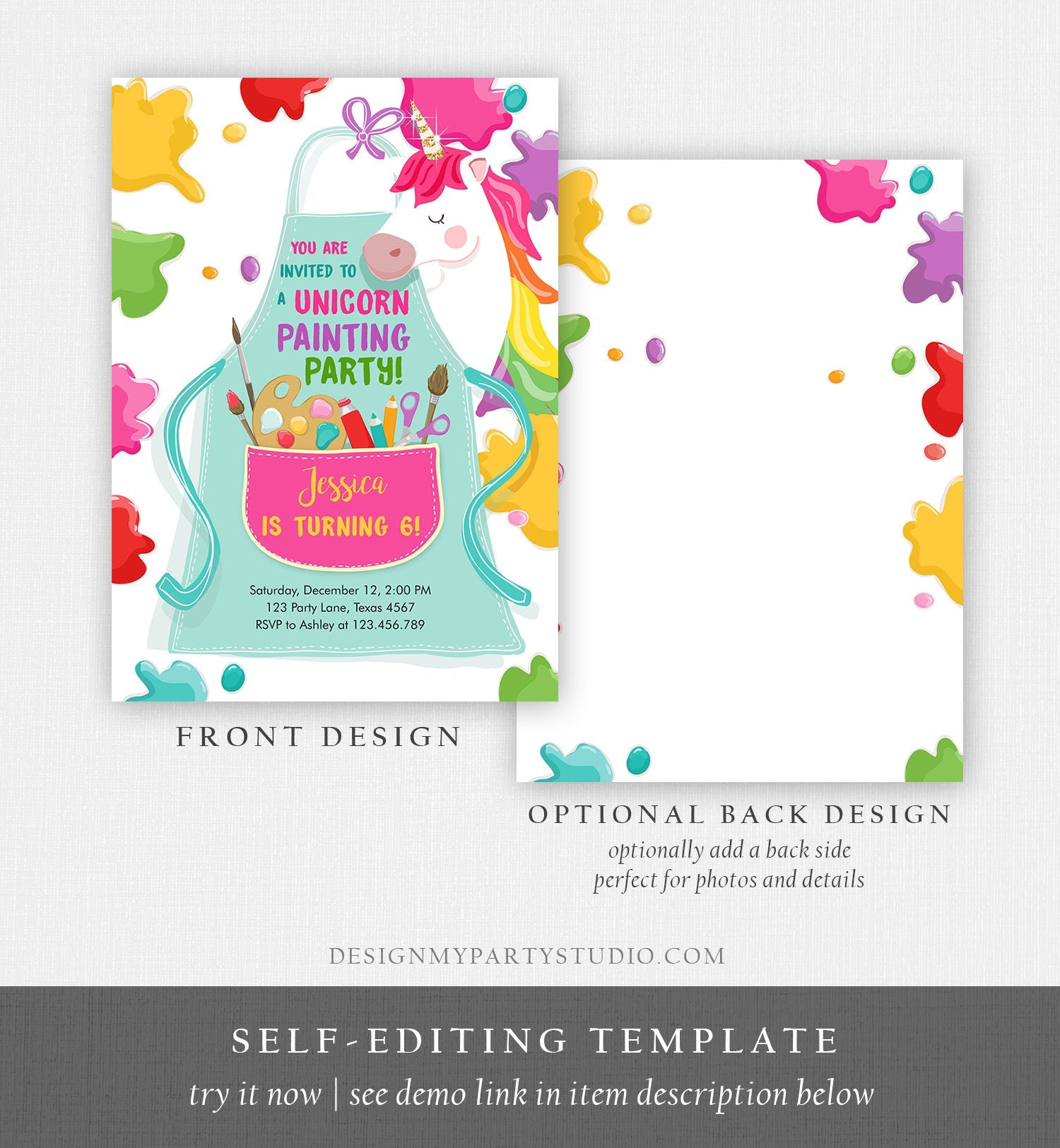 Editable Unicorn Painting Party Invitation Art Party Birthday Invite Girl Paint Craft Party Download Printable Template Digital Corjl 0319